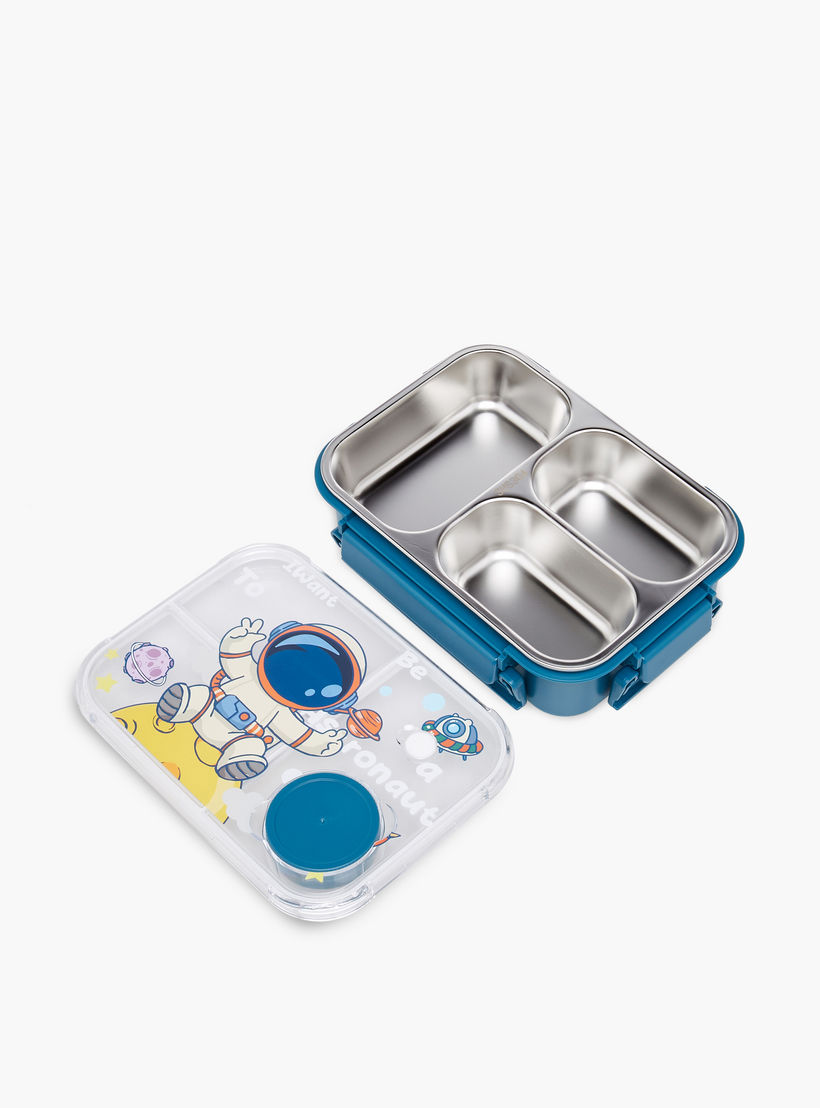 Astronaut Print Sectioned Stainless Steel Lunch Box with Clip Lock Closure-school-lunchessentials-lunchboxes-image-4