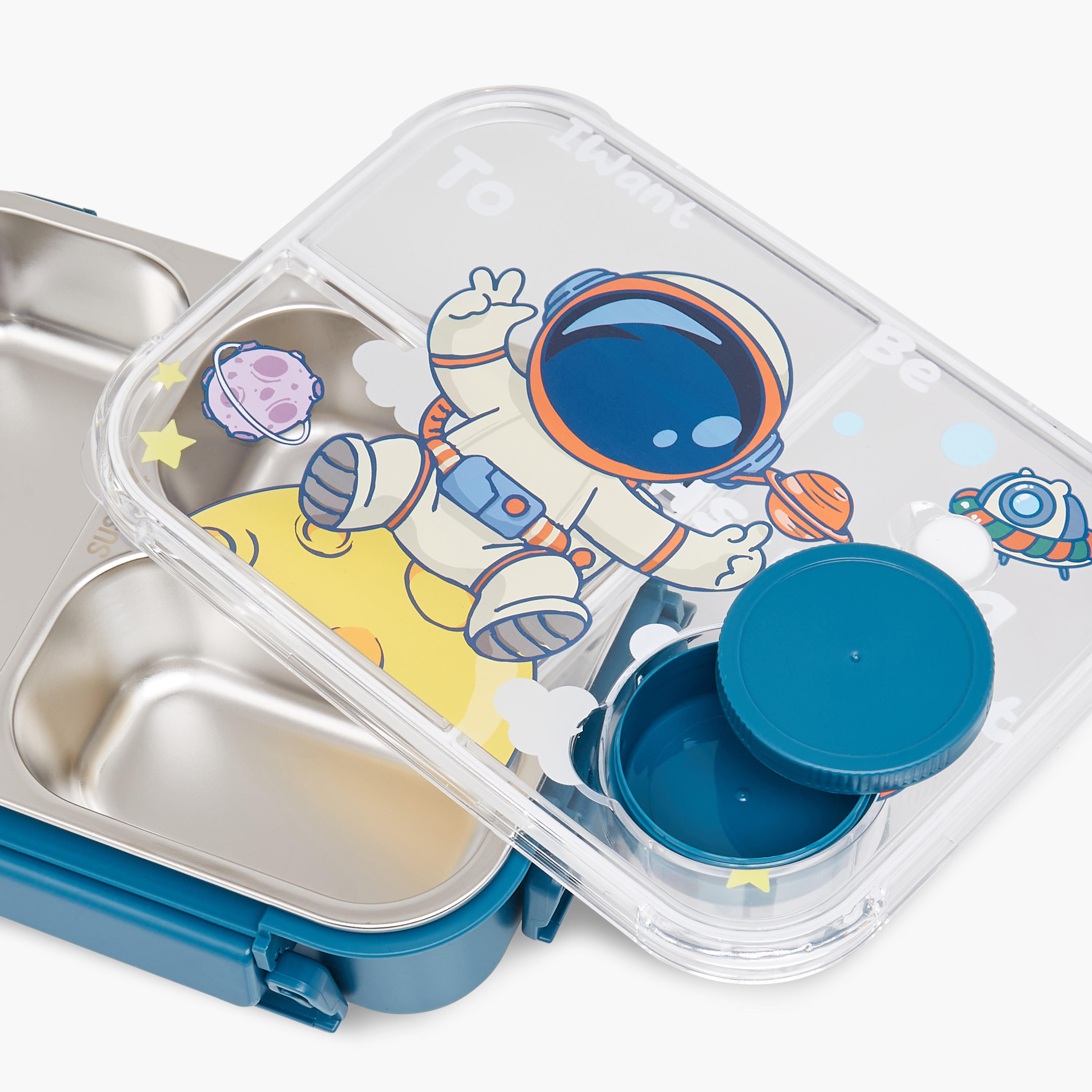 Astronaut Print Sectioned Stainless Steel Lunch Box with Clip Lock Closure-school-lunchessentials-lunchboxes-image-5