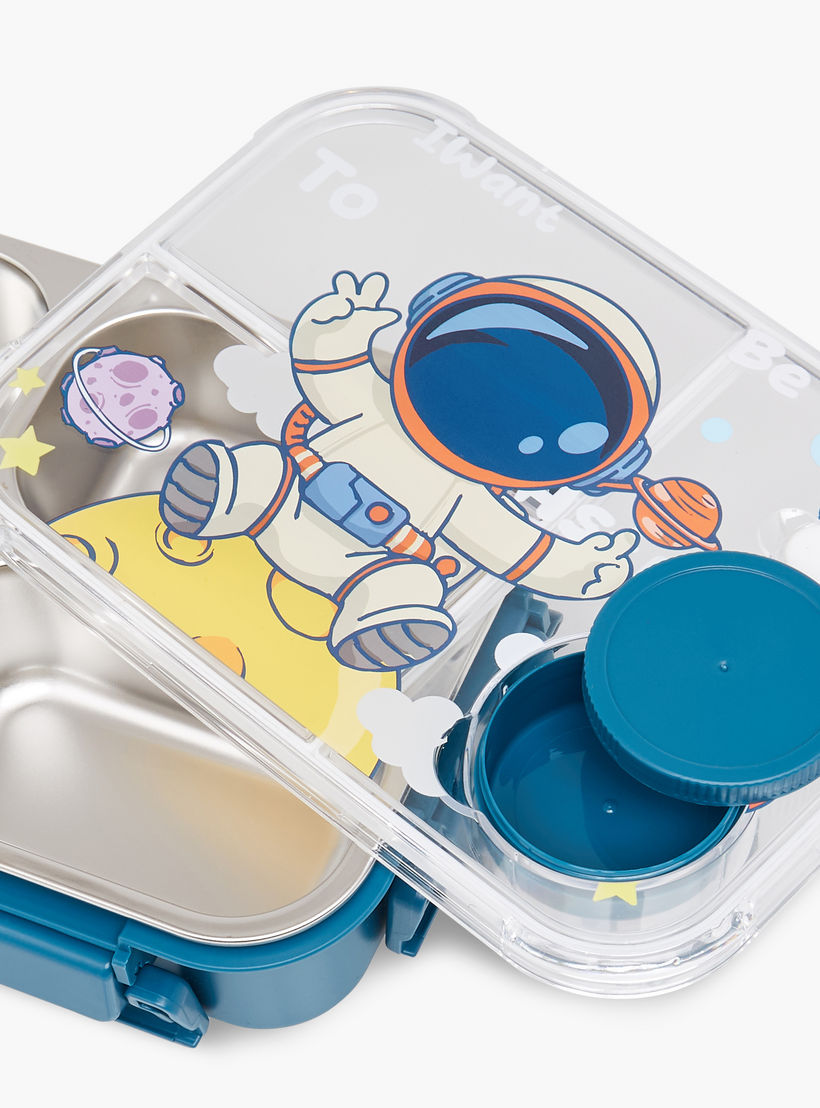 Astronaut Print Sectioned Stainless Steel Lunch Box with Clip Lock Closure-school-lunchessentials-lunchboxes-image-5