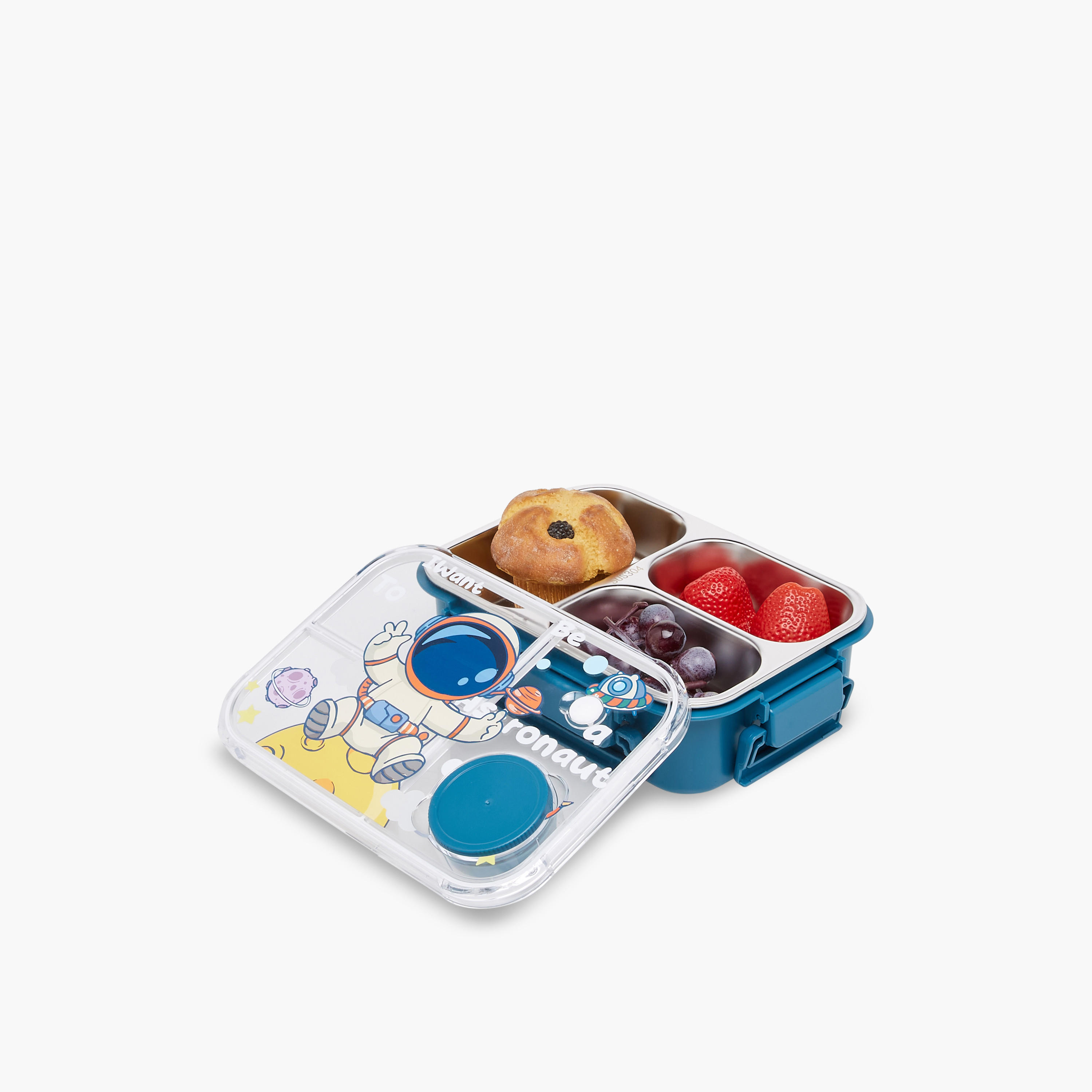 Astronaut Print Sectioned Stainless Steel Lunch Box with Clip Lock Closure-school-lunchessentials-lunchboxes-image-6