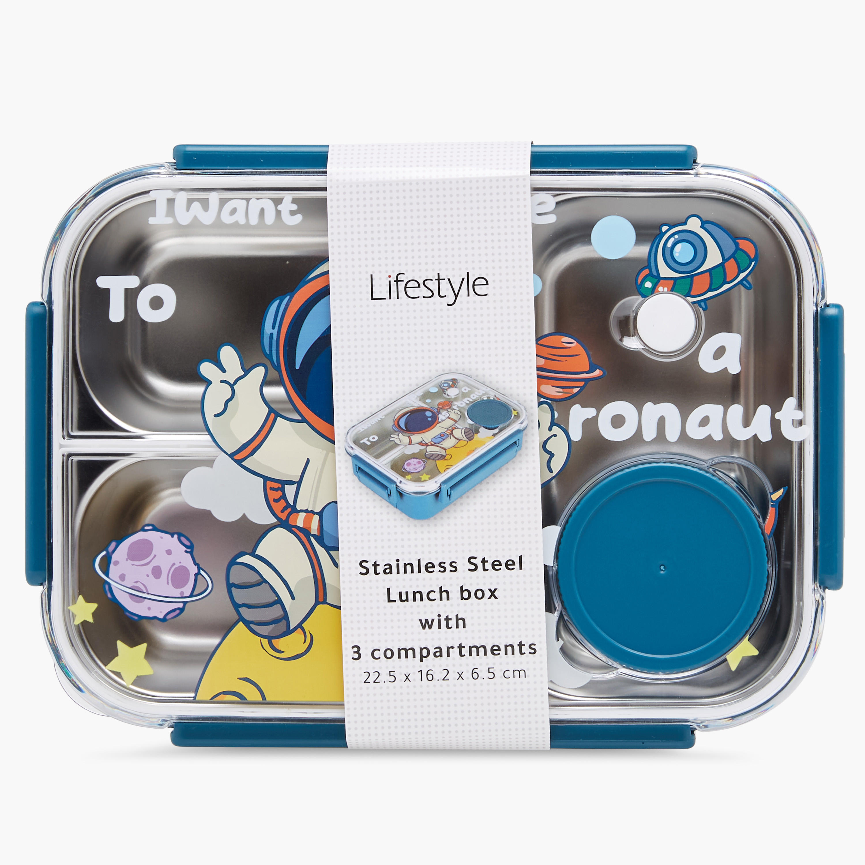 Astronaut Print Sectioned Stainless Steel Lunch Box with Clip Lock Closure-school-lunchessentials-lunchboxes-image-7