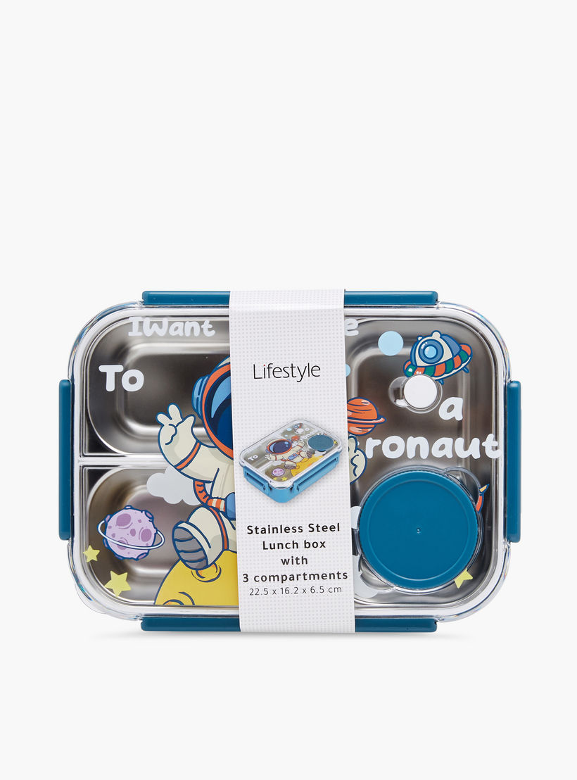 Astronaut Print Sectioned Stainless Steel Lunch Box with Clip Lock Closure-school-lunchessentials-lunchboxes-image-8