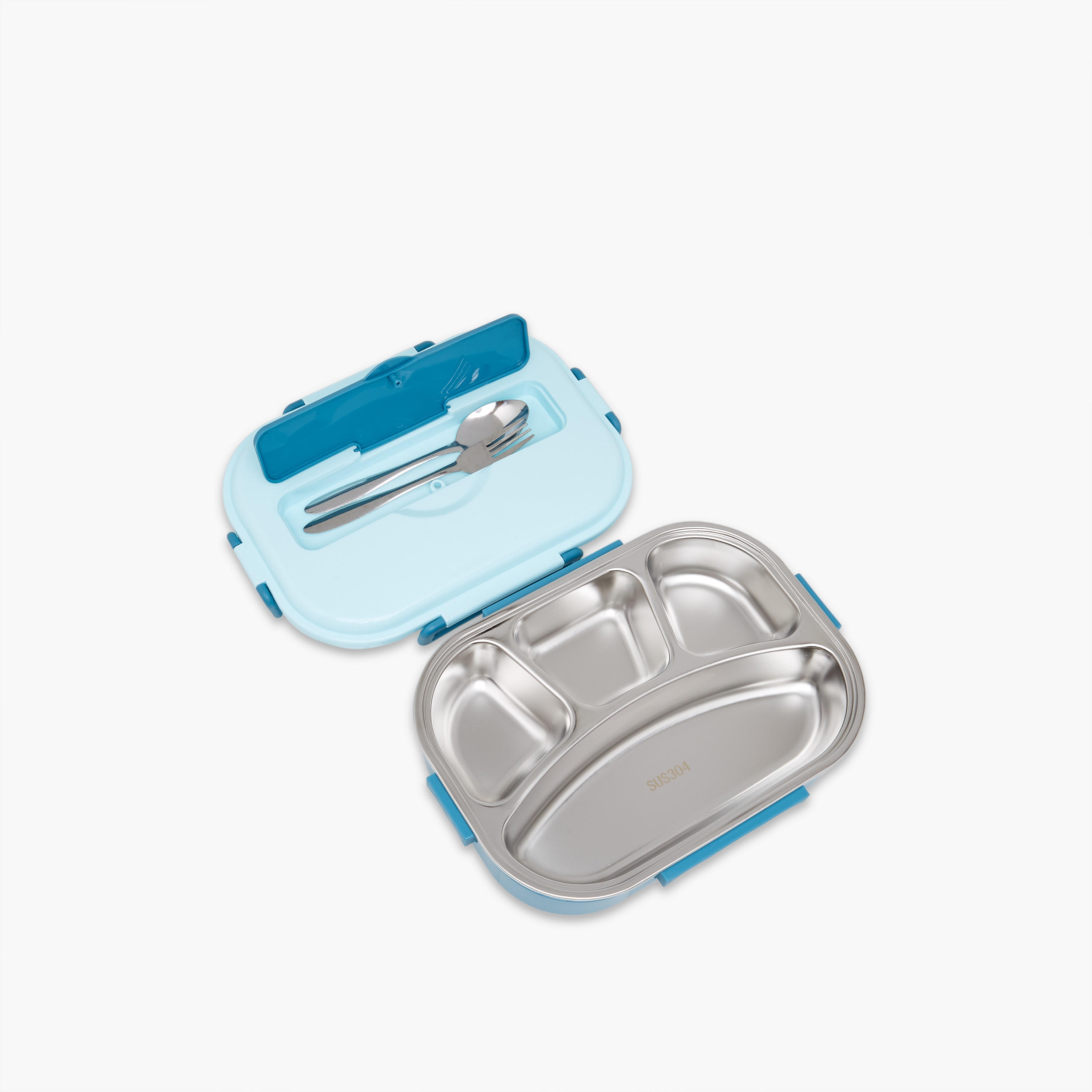 Solid Stainless Steel Sectioned Lunch Box with Cutlery and Clip Lock Closure-school-lunchessentials-lunchboxes-image-4