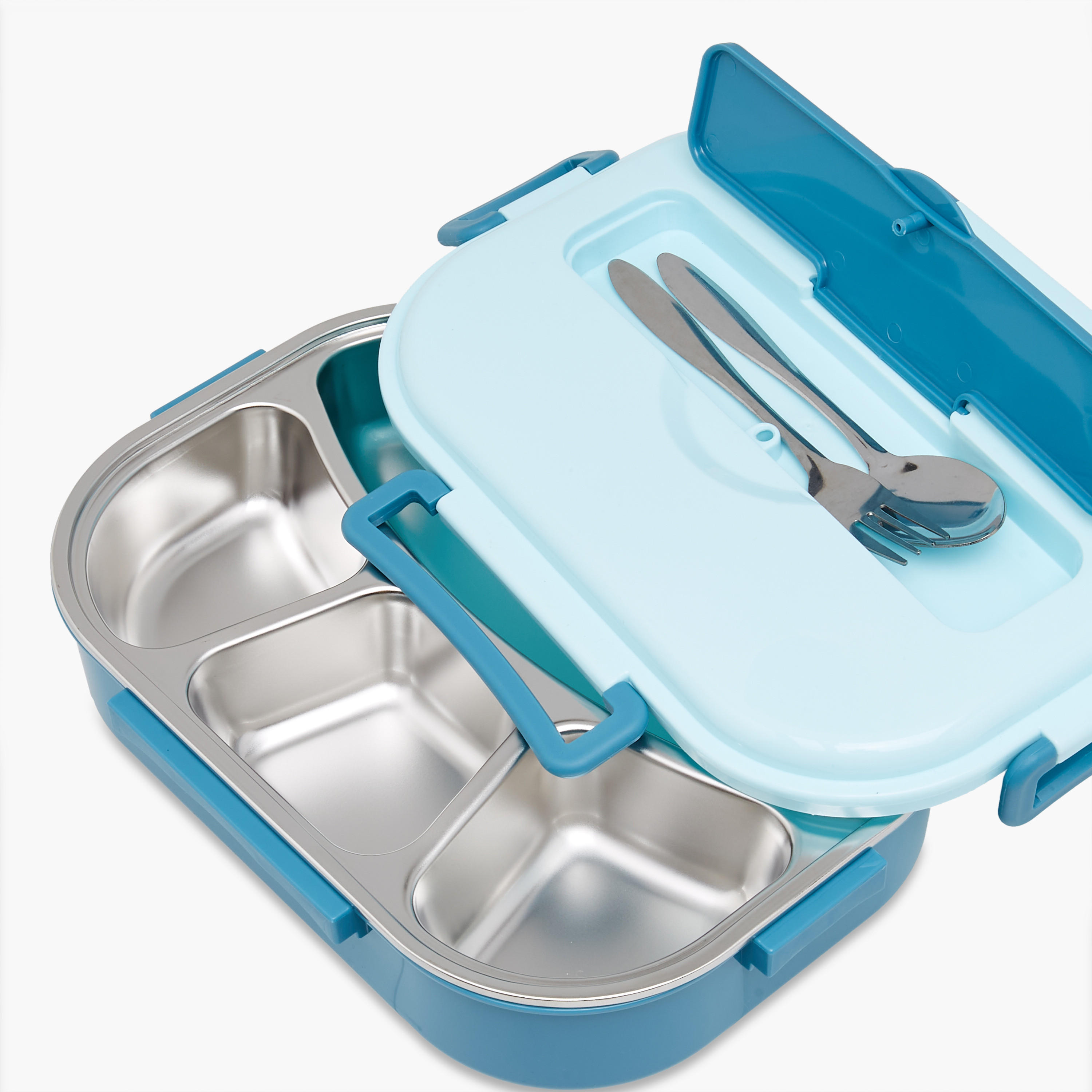 Solid Stainless Steel Sectioned Lunch Box with Cutlery and Clip Lock Closure-school-lunchessentials-lunchboxes-image-5