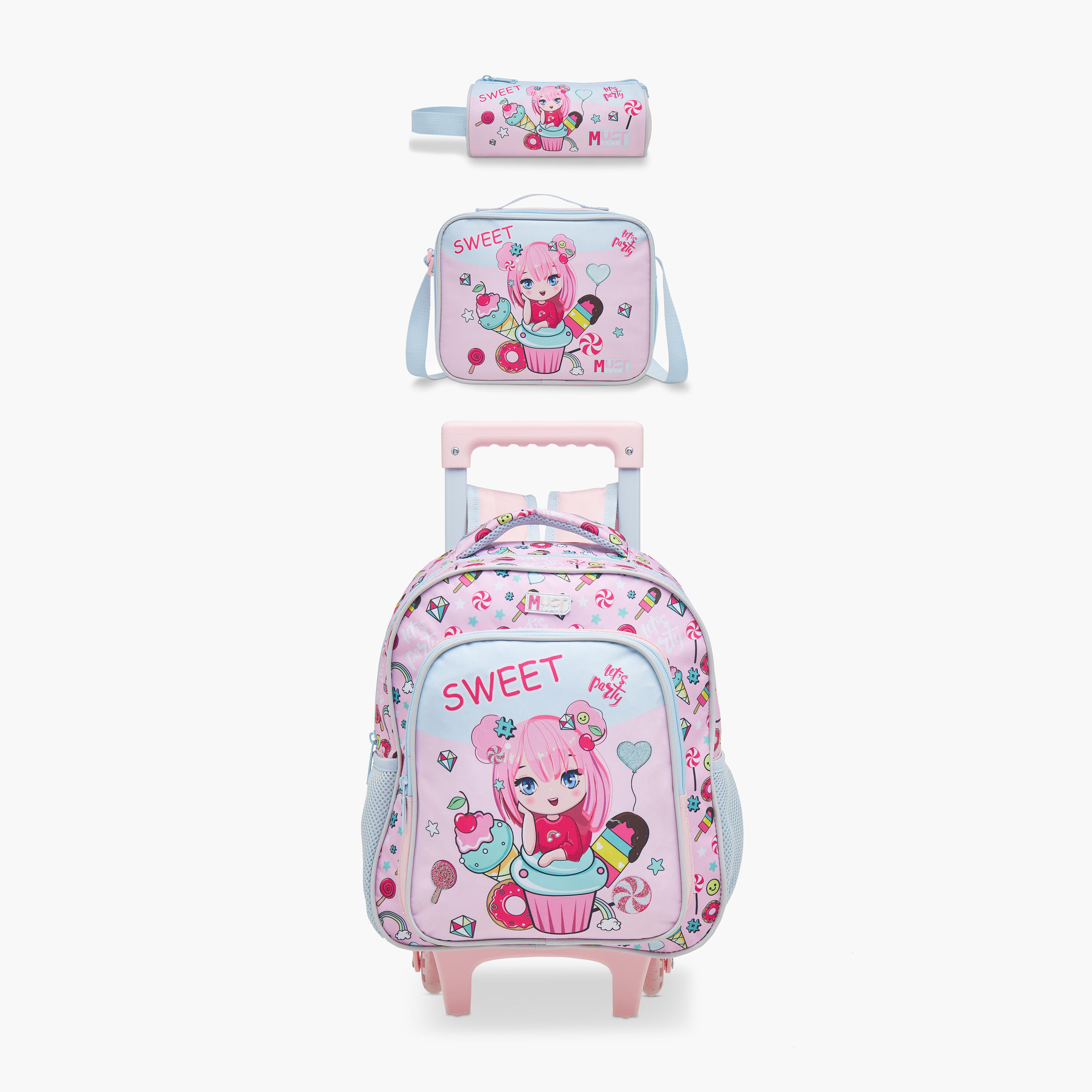 MUST Printed 3-Piece School Trolley Bag Set for Girls 2-5 Years with Lunch Bag and Pencil Pouch -school-bagsandbackpacks-trolleybags-image-1