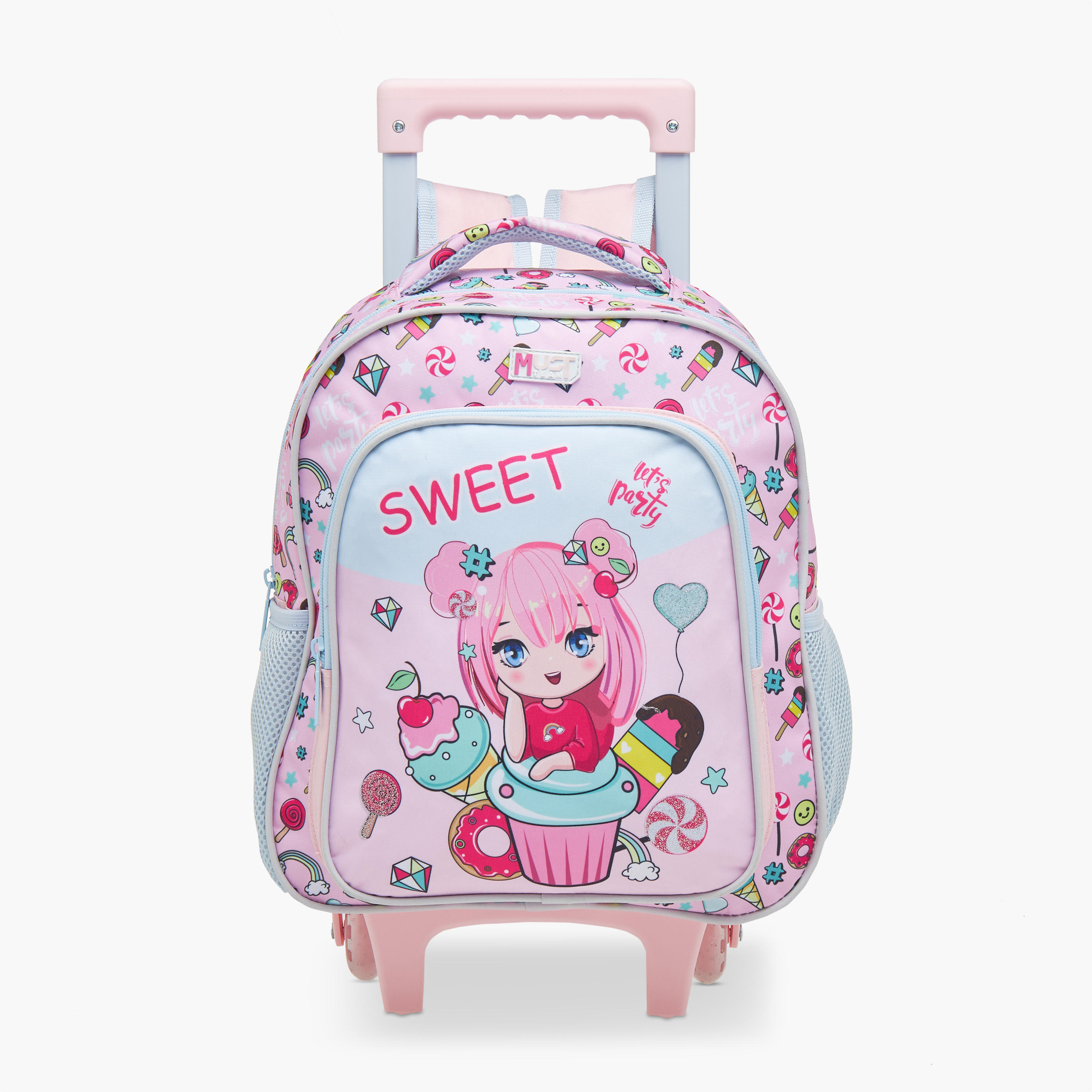طقم شنطة ترولي مدرسية 3 قطع للبنات 2-5 سنوات مع شنطة غداء ومقلمة بطبعات من ماست-school-bagsandbackpacks-trolleybags-image-2