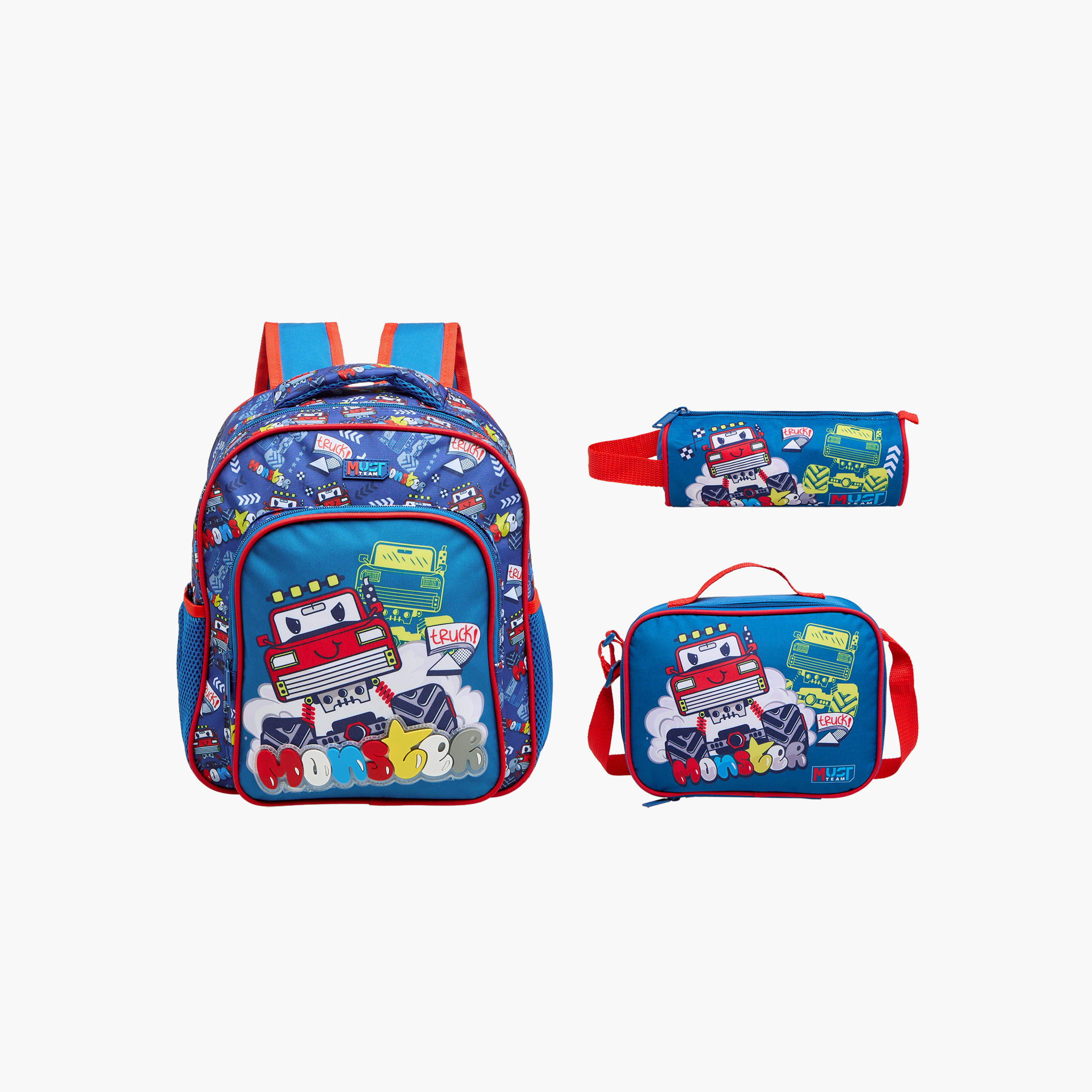 MUST 3-Piece Monster Truck Print Backpack Set - 27x10x31 cms-school-bagsandbackpacks-sets-image-1