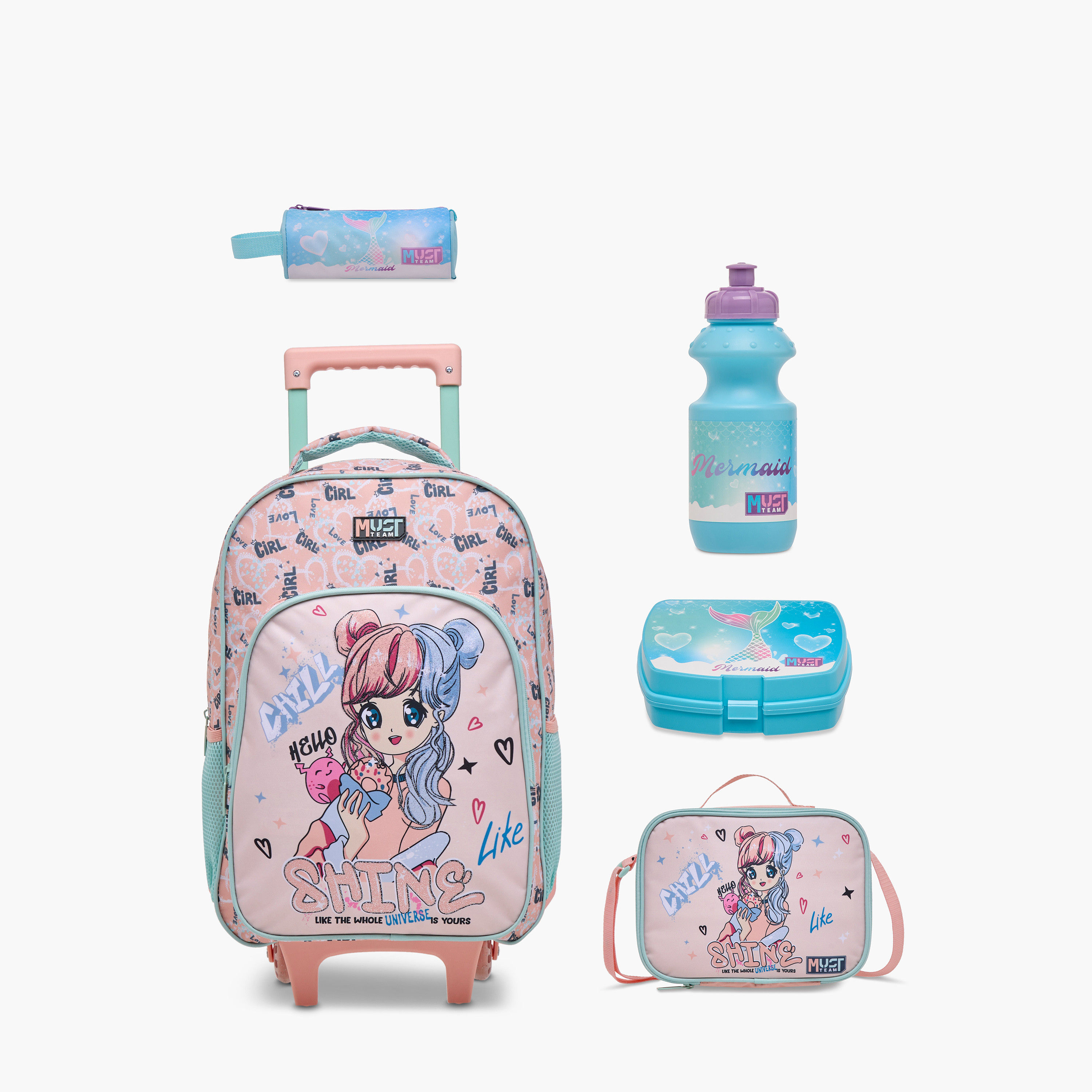 طقم شنطة ترولي مدرسية 5 قطع للبنات 5-8 سنوات مع شنطة غداء ومقلمة بطبعات من ماست-school-bagsandbackpacks-trolleybags-image-1