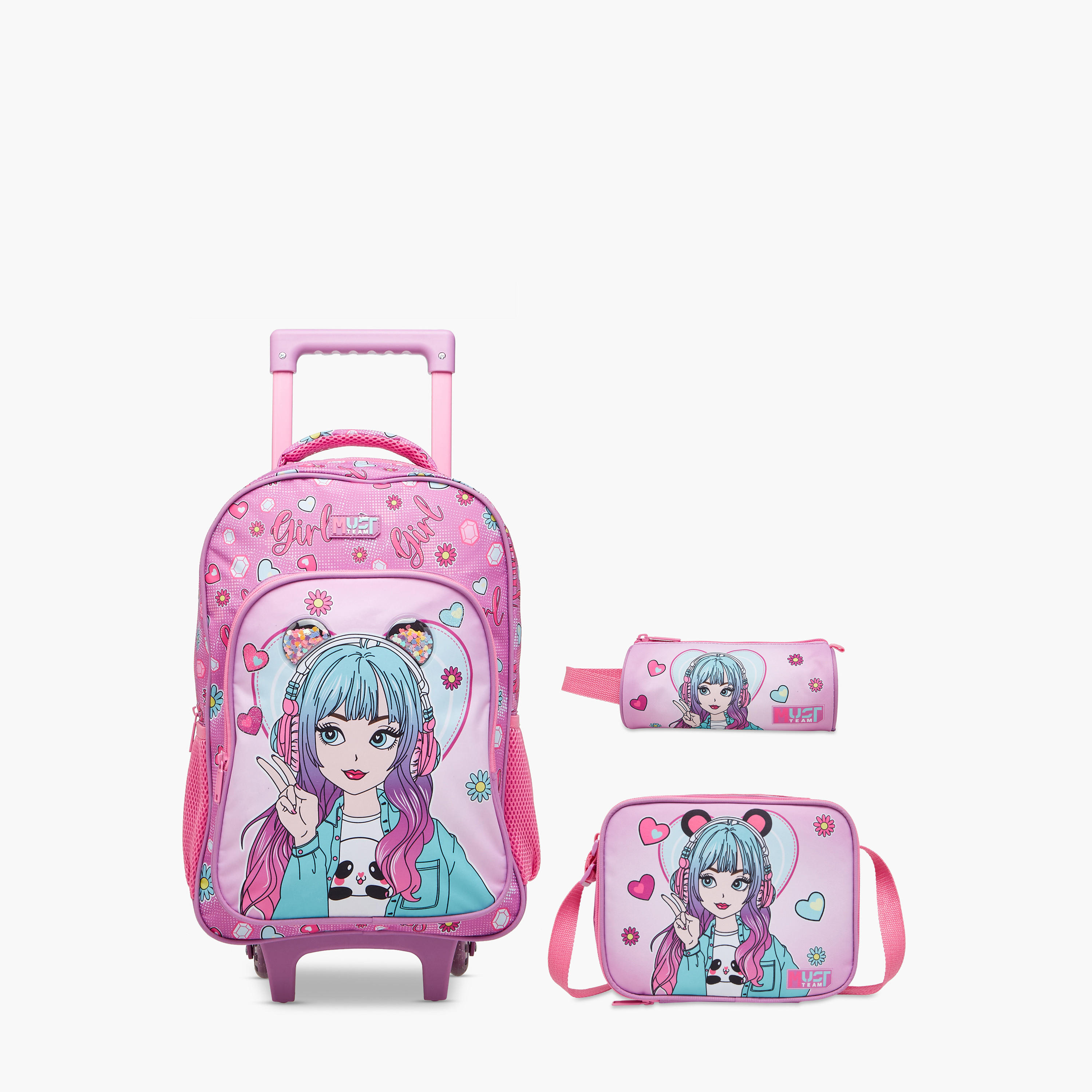 طقم شنطة ترولي مدرسية 3 قطع للبنات 5-8 سنوات مع شنطة غداء ومقلمة بطبعات من ماست-school-bagsandbackpacks-trolleybags-image-1