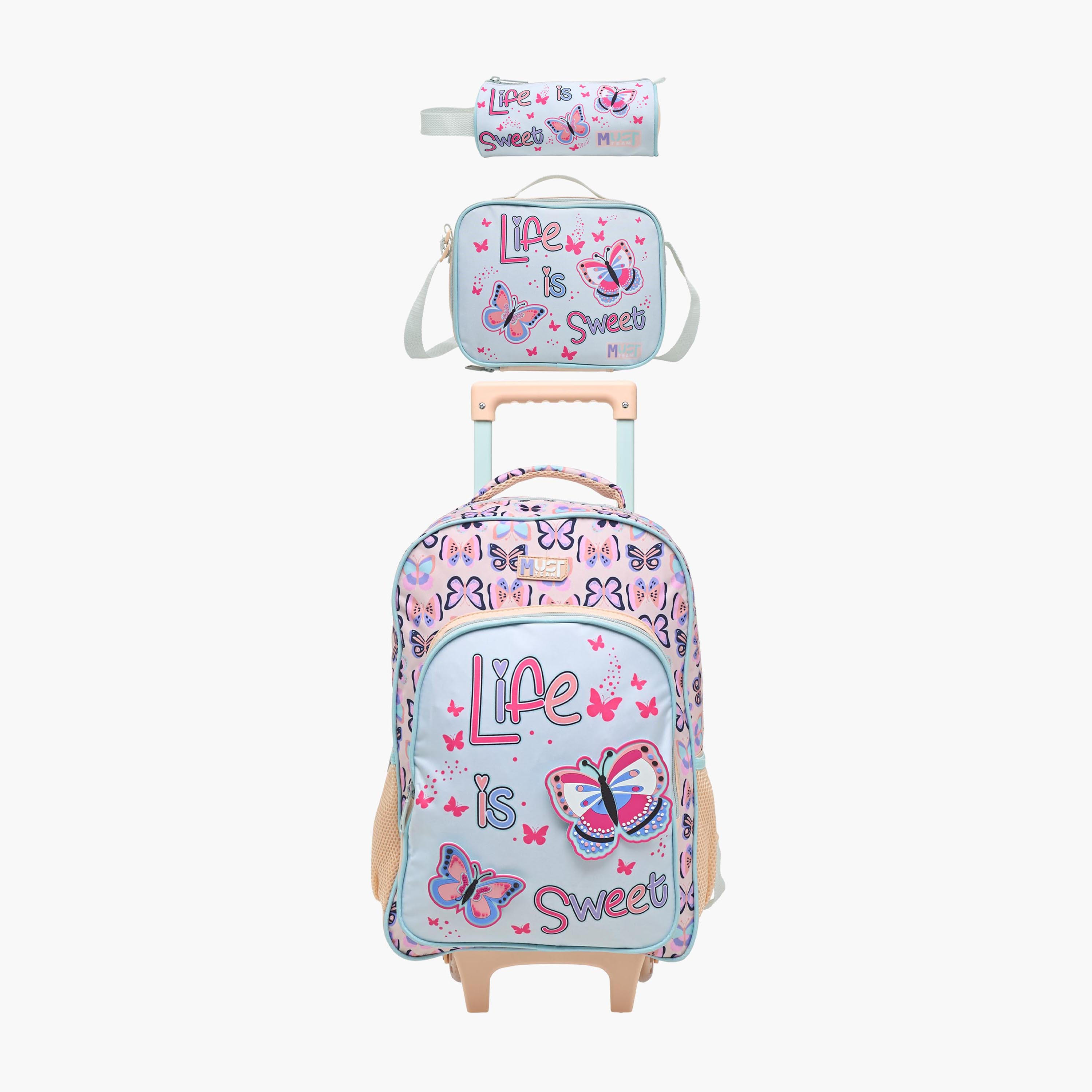 طقم شنطة ترولي مدرسية 3 قطع للبنات 5-8 سنوات مع شنطة غداء ومقلمة بتصميم فراشة من ماست-school-bagsandbackpacks-trolleybags-image-1