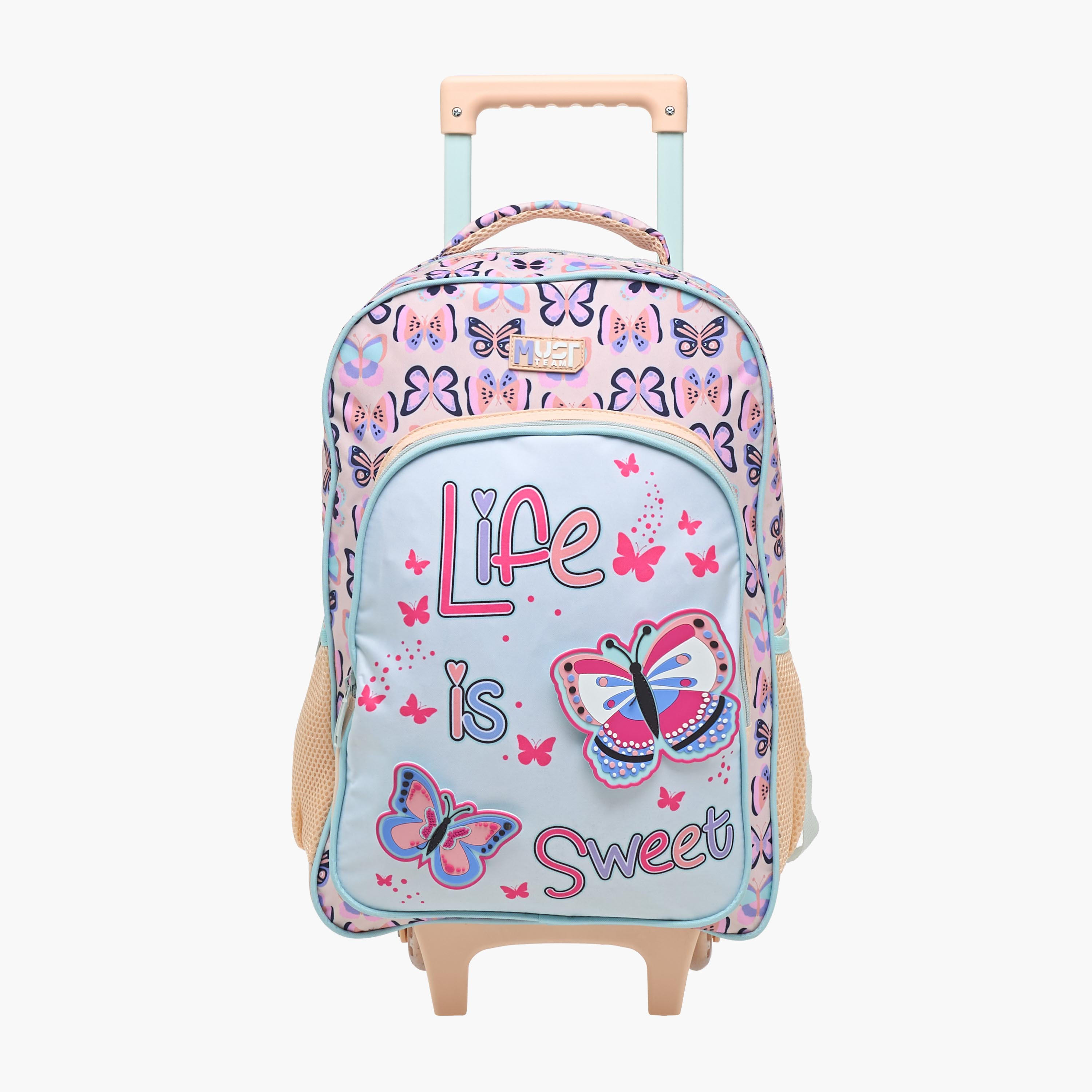 طقم شنطة ترولي مدرسية 3 قطع للبنات 5-8 سنوات مع شنطة غداء ومقلمة بتصميم فراشة من ماست-school-bagsandbackpacks-trolleybags-image-2