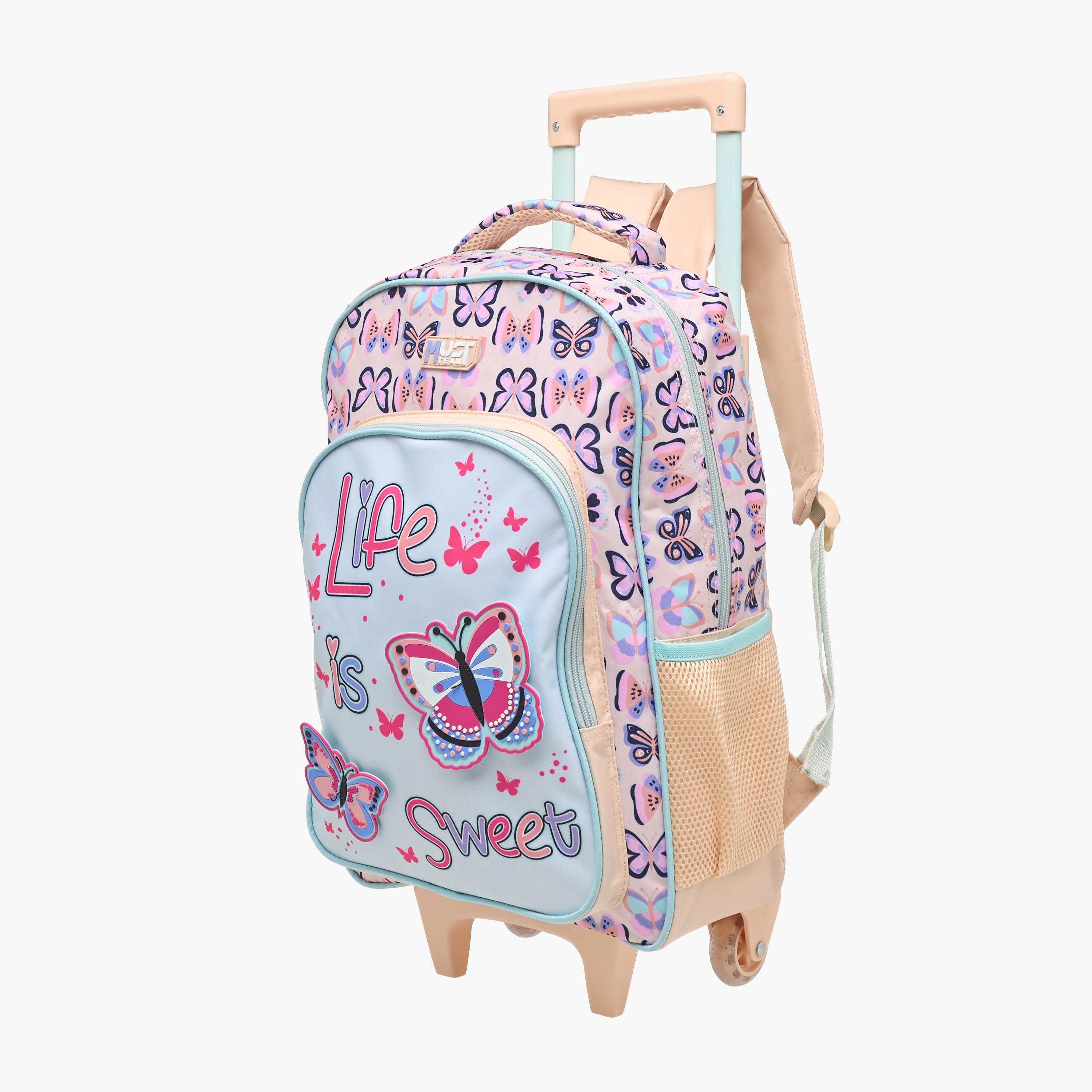 طقم شنطة ترولي مدرسية 3 قطع للبنات 5-8 سنوات مع شنطة غداء ومقلمة بتصميم فراشة من ماست-school-bagsandbackpacks-trolleybags-image-4