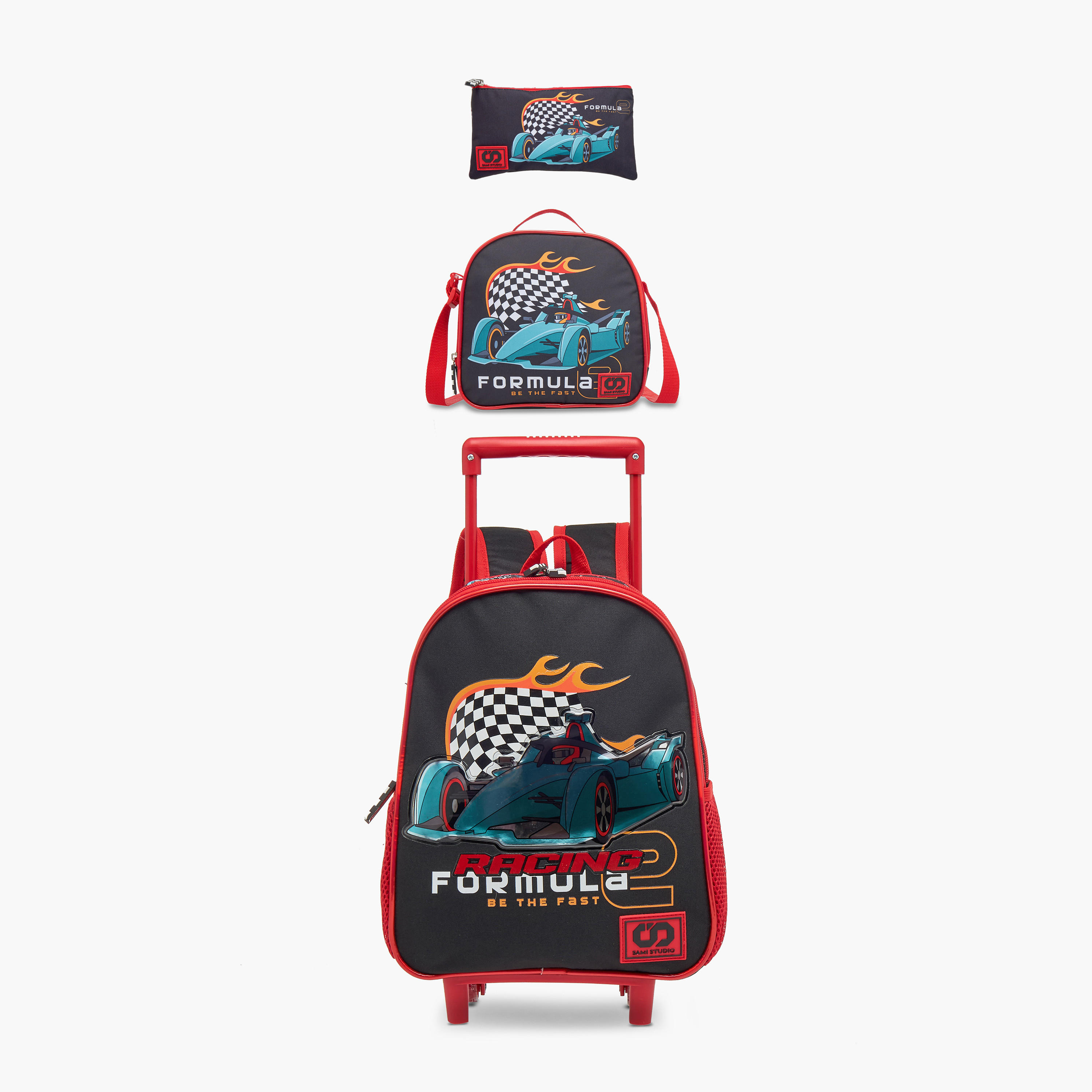 SAMI STUDIO Cars 3-Piece School Trolley Bag Set for Boys 2-5 Years with Lunch Bag and Pencil Pouch -school-bagsandbackpacks-trolleybags-image-1