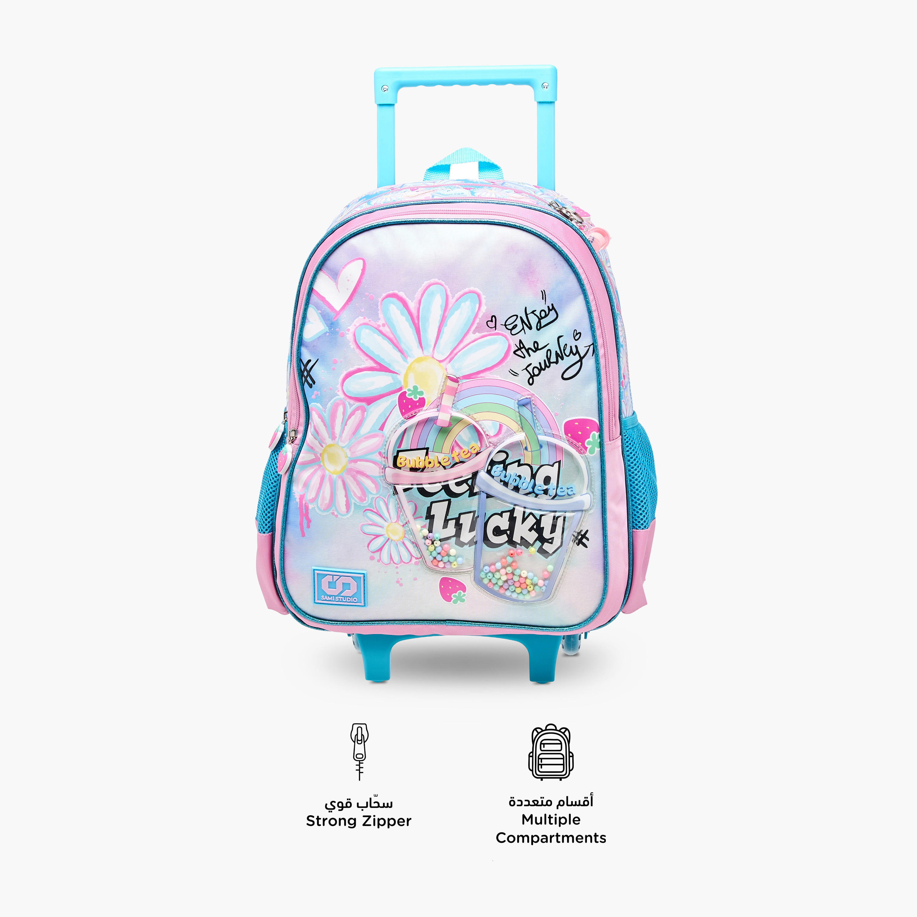 شنطة ترولي للبنات 5-8 سنوات بأحزمة كتف مبطّنة وتصميم زهري من سامي ستوديو -school-bagsandbackpacks-trolleybags-image-4