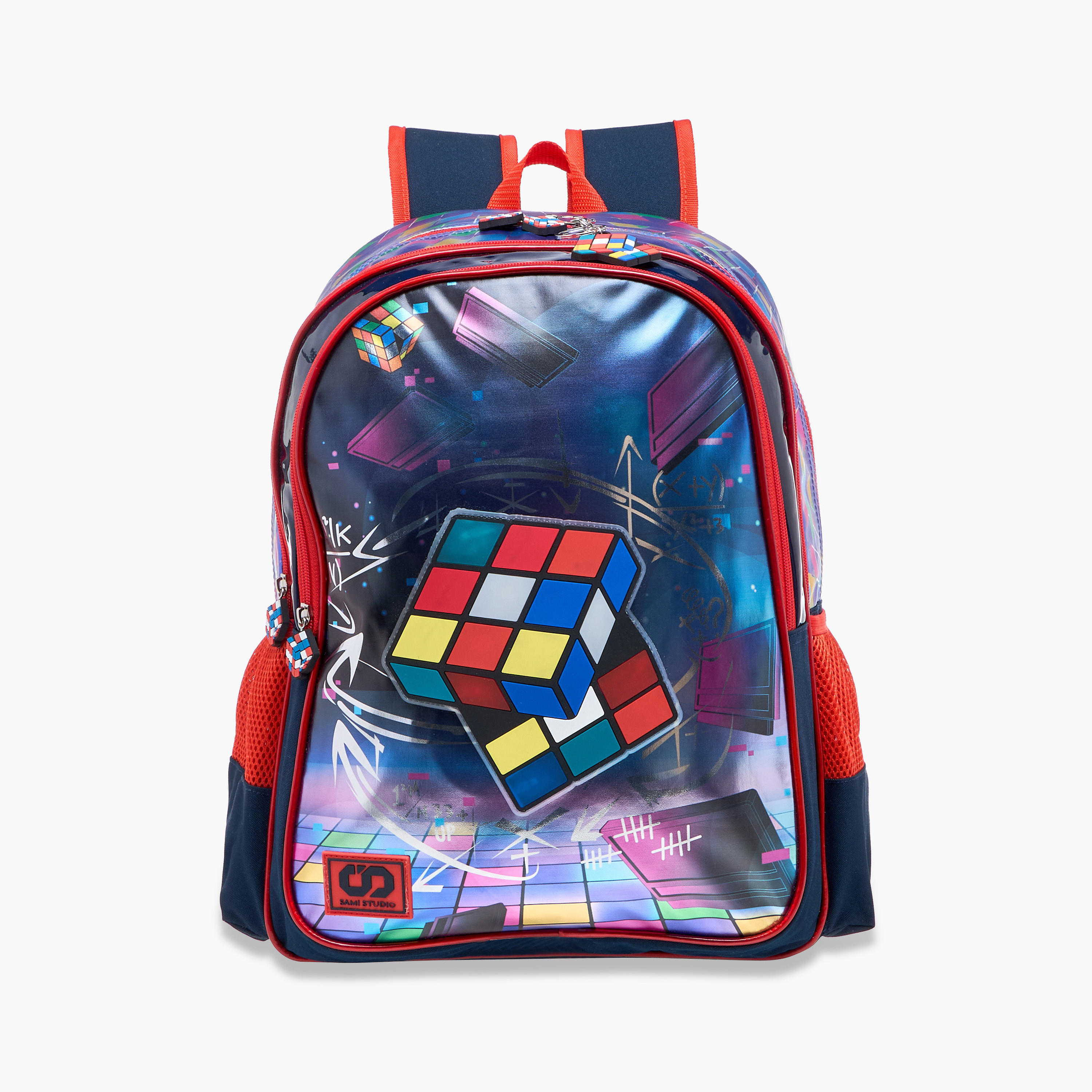 شنكة ظهر 17 بوصة بطبعات مكعب روبيك وحمالات قابلة للتعديل من سامي ستوديو - 14x33x45 سم-school-bagsandbackpacks-backpacks-image-1