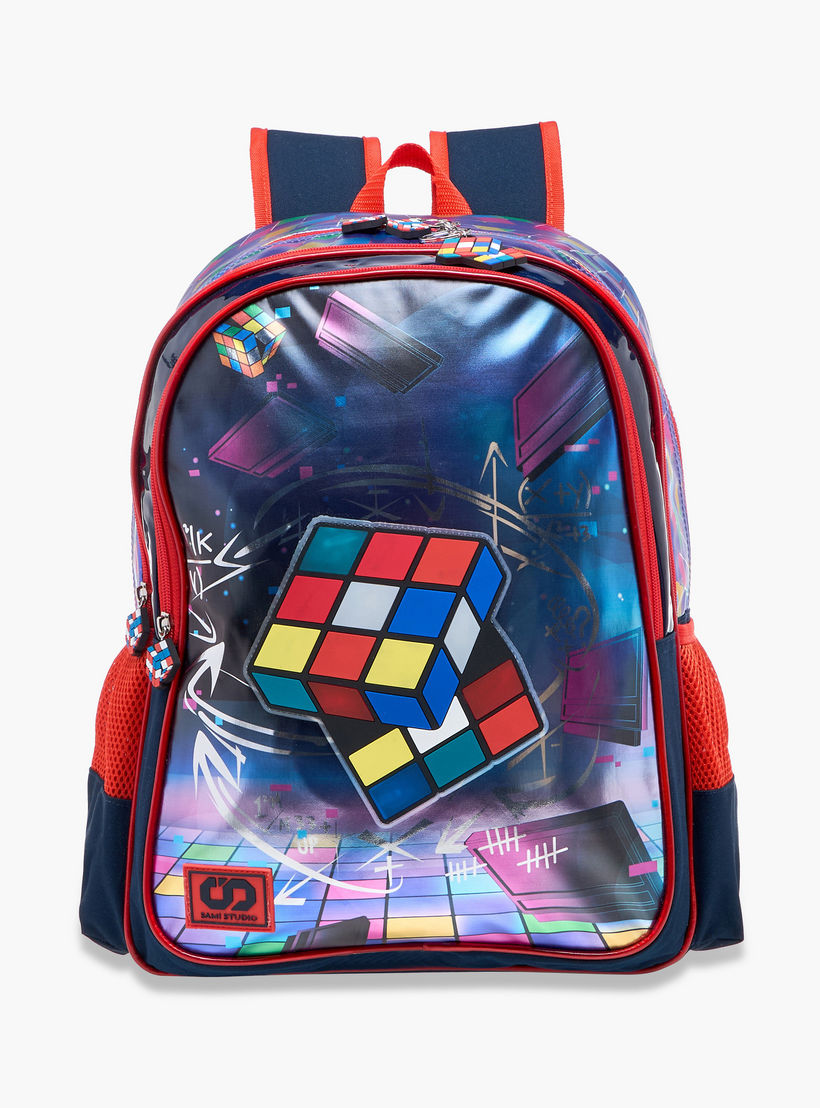 شنكة ظهر 17 بوصة بطبعات مكعب روبيك وحمالات قابلة للتعديل من سامي ستوديو - 14x33x45 سم-school-bagsandbackpacks-backpacks-image-1