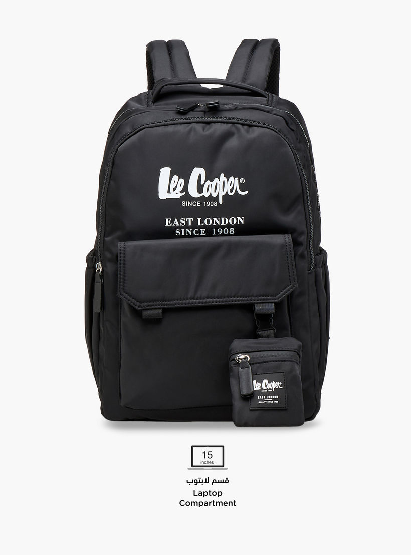 Lee Cooper Logo Print Backpack with Zip Closure and Attached Pouch - 45x14x30 cm-women-bagsandwallets-backpacks-image-4
