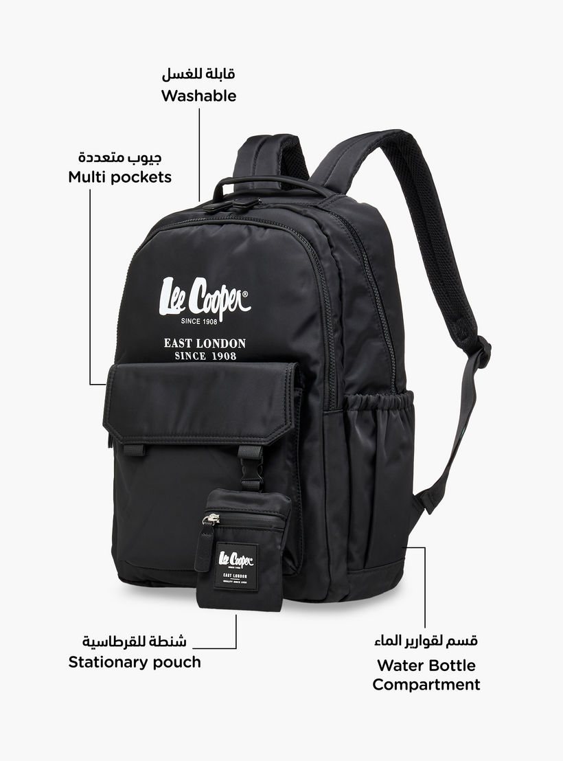 Lee Cooper Logo Print Backpack with Zip Closure and Attached Pouch - 45x14x30 cm-women-bagsandwallets-backpacks-image-6