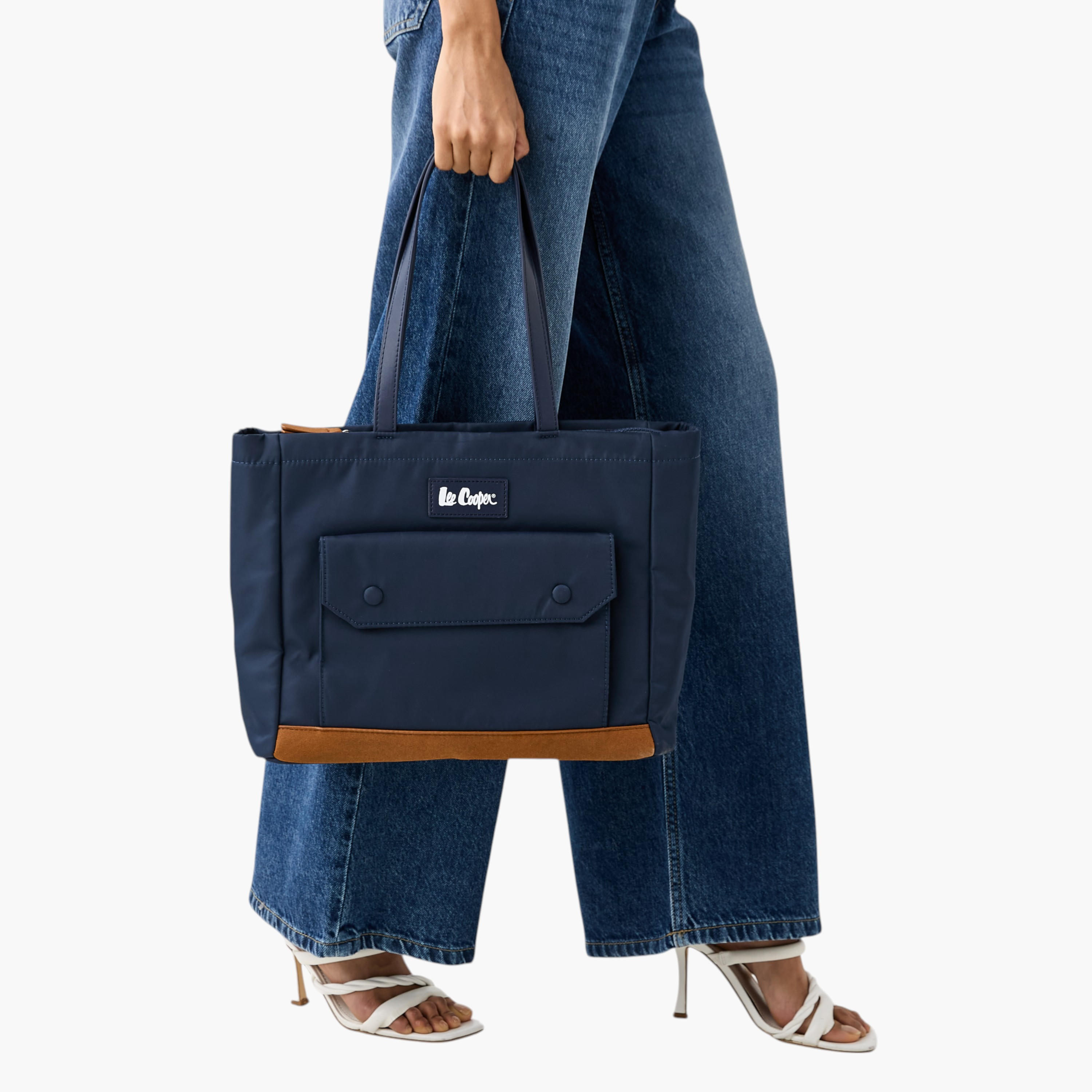 Lee Cooper Logo Applique Tote Bag with Double Handle and Zip Closure-women-bagsandwallets-handbags-image-2