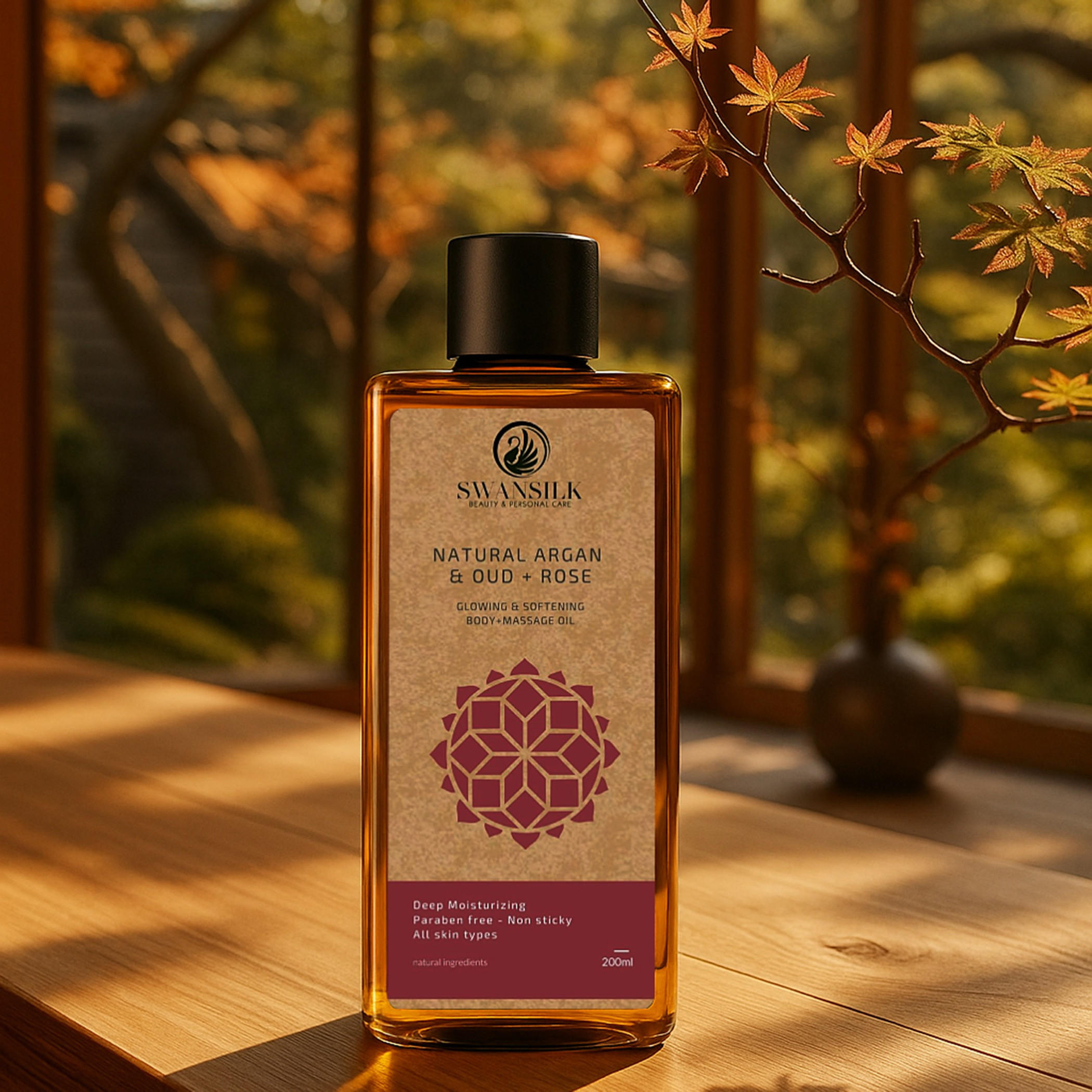 زيت تدليك للجسم بزيت الأرغان والعود والورد الطبيعي من سوانسيلك - 200 مل-beautyandpersonalcare-bathandbody-bodycare-oils-image-1