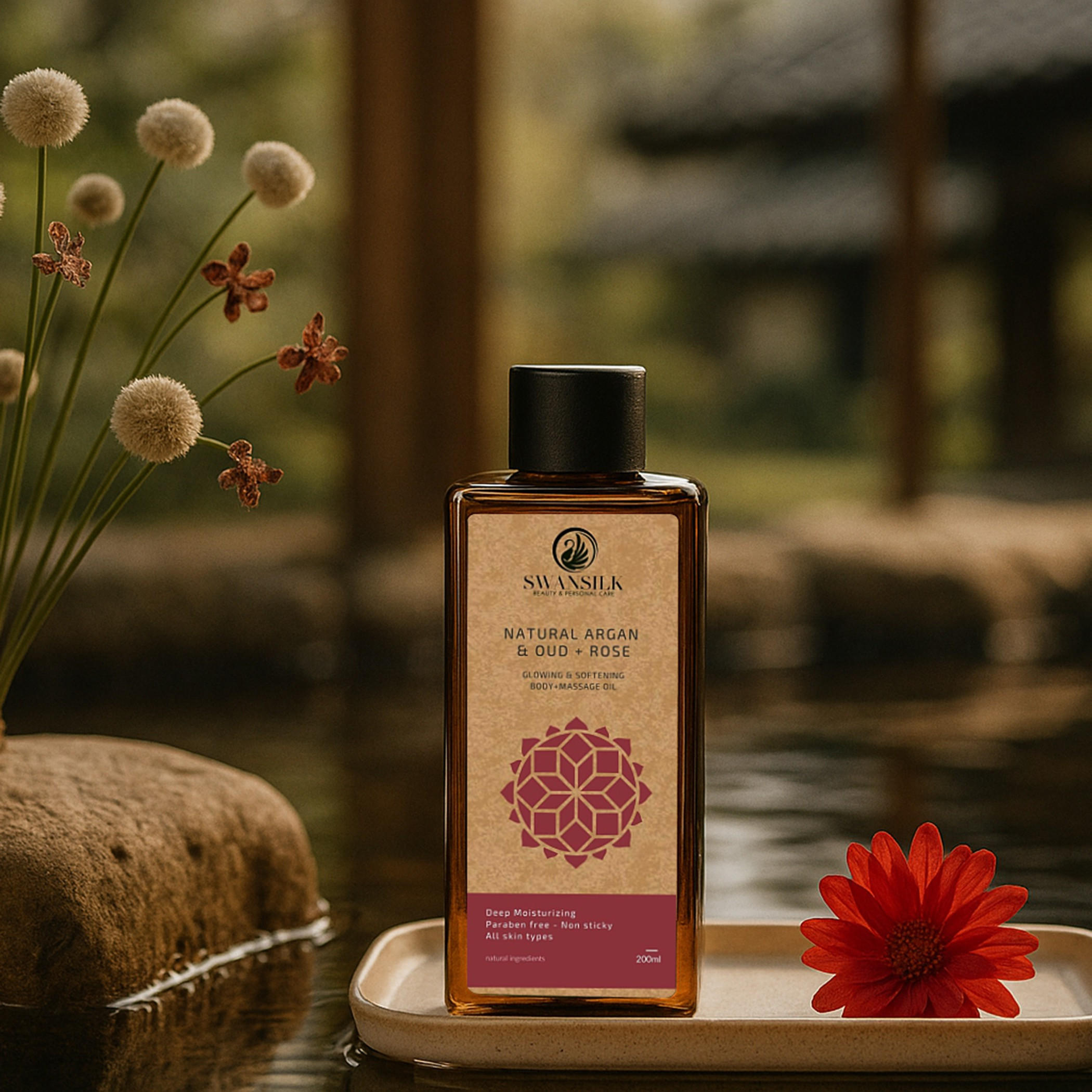 زيت تدليك للجسم بزيت الأرغان والعود والورد الطبيعي من سوانسيلك - 200 مل-beautyandpersonalcare-bathandbody-bodycare-oils-image-2