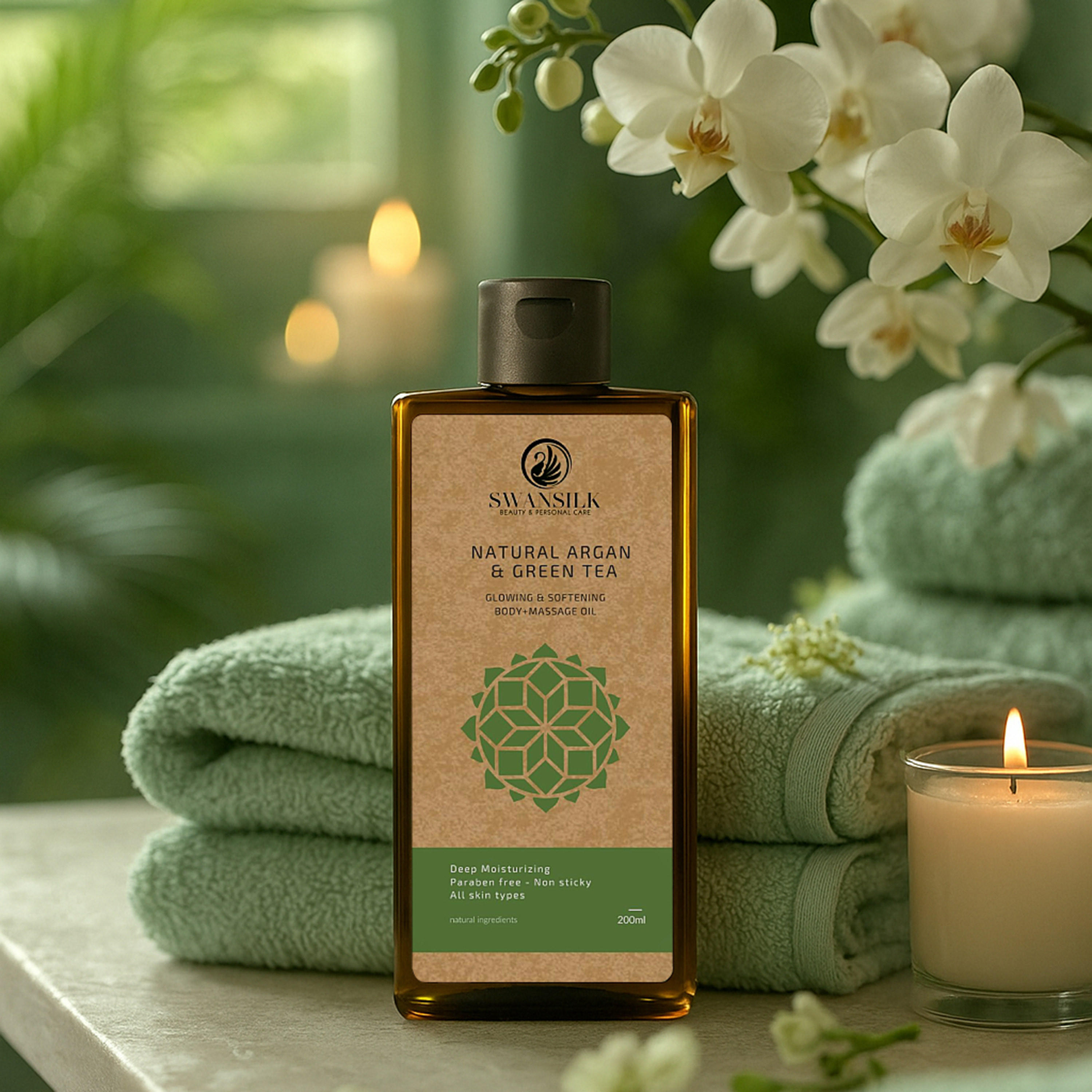 زيت تدليك الجسم بالارجان الطبيعي والشاي الأخضر من سوانسيلك - 200 مل-beautyandpersonalcare-bathandbody-bodycare-oils-image-1