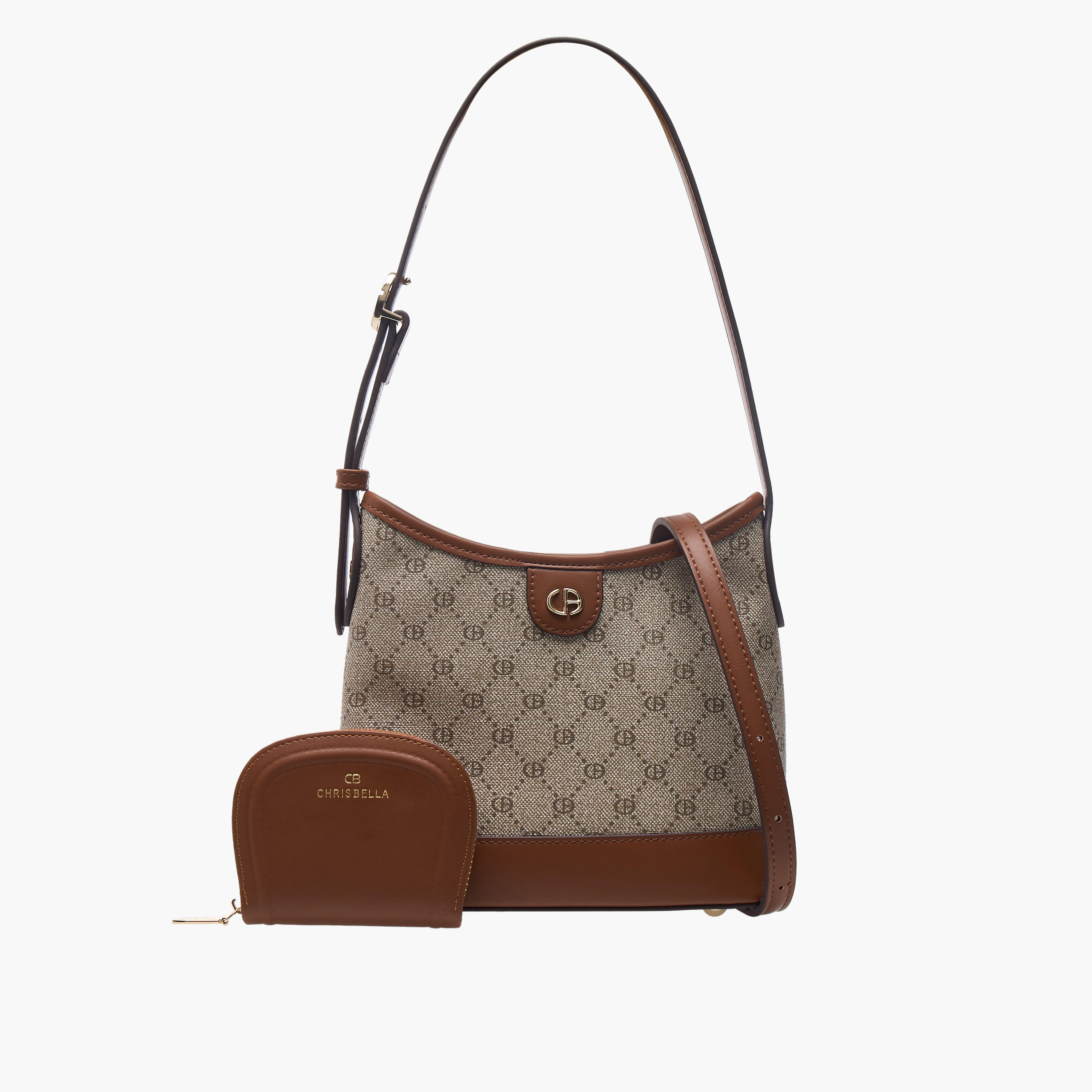 Chrisbella Monogram Print Hobo Bag with Adjustable Strap and Wallet-women-bagsandwallets-handbags-image-1