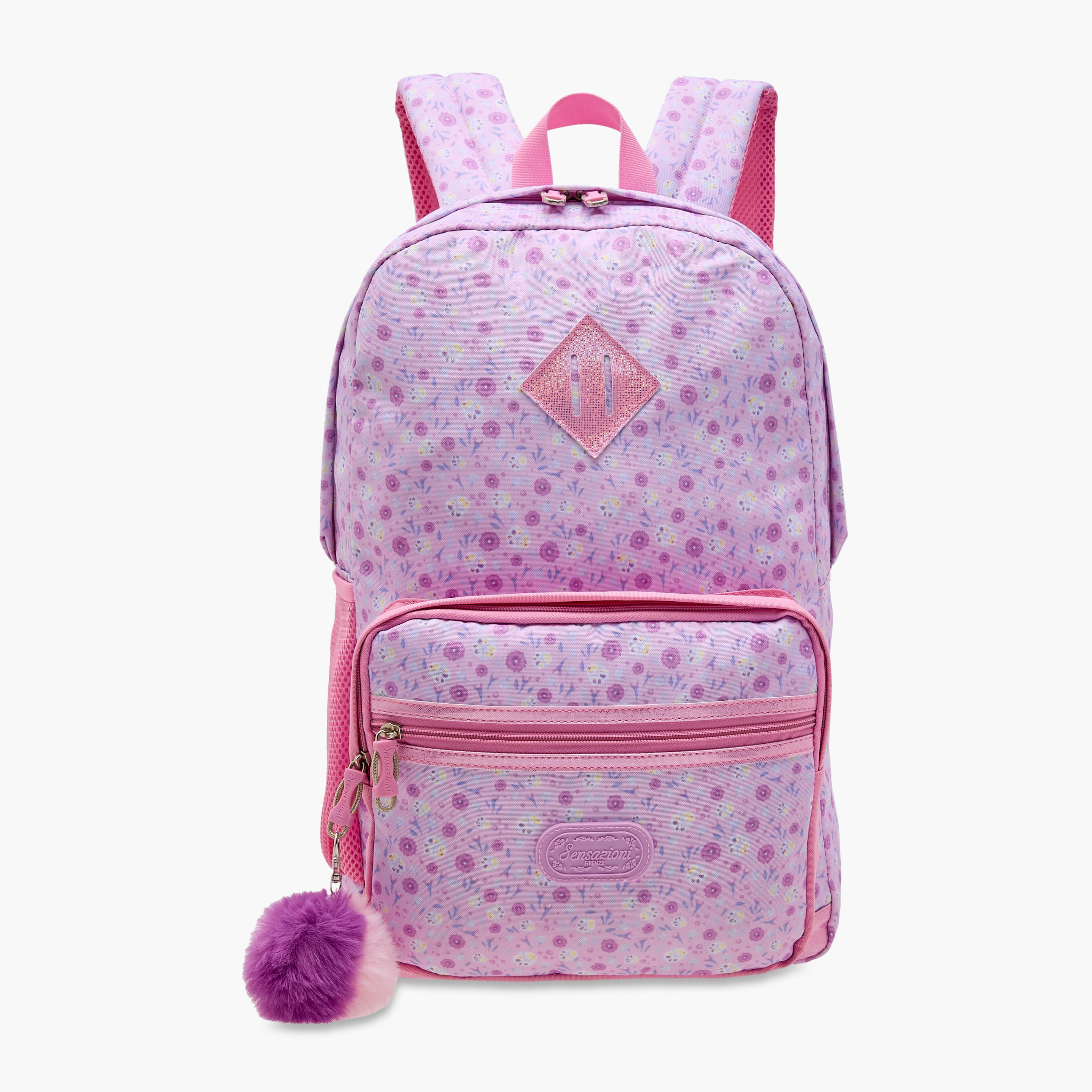 شنطة ظهر بطبعات الزهور مع دلايّة بوم بوم وسحاب من سينسازوني - 30x15x45 سم-school-bagsandbackpacks-backpacks-image-1