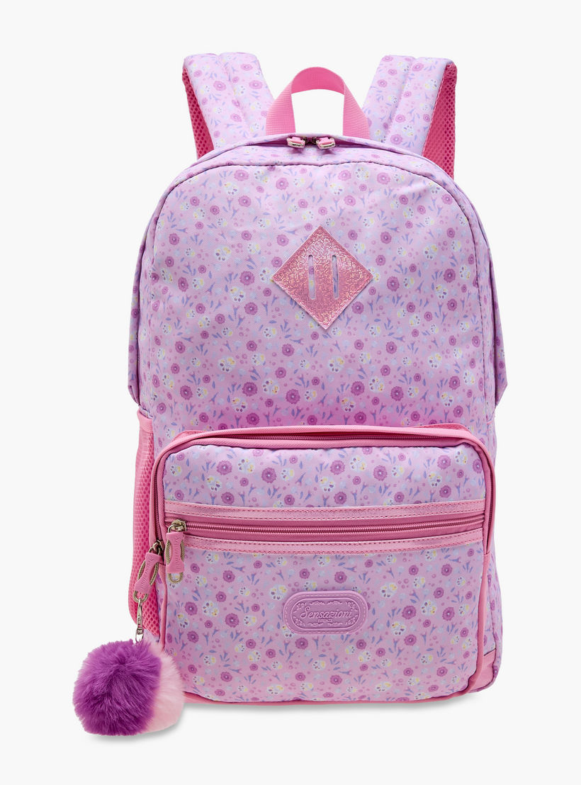 شنطة ظهر بطبعات الزهور مع دلايّة بوم بوم وسحاب من سينسازوني - 30x15x45 سم-school-bagsandbackpacks-backpacks-image-1