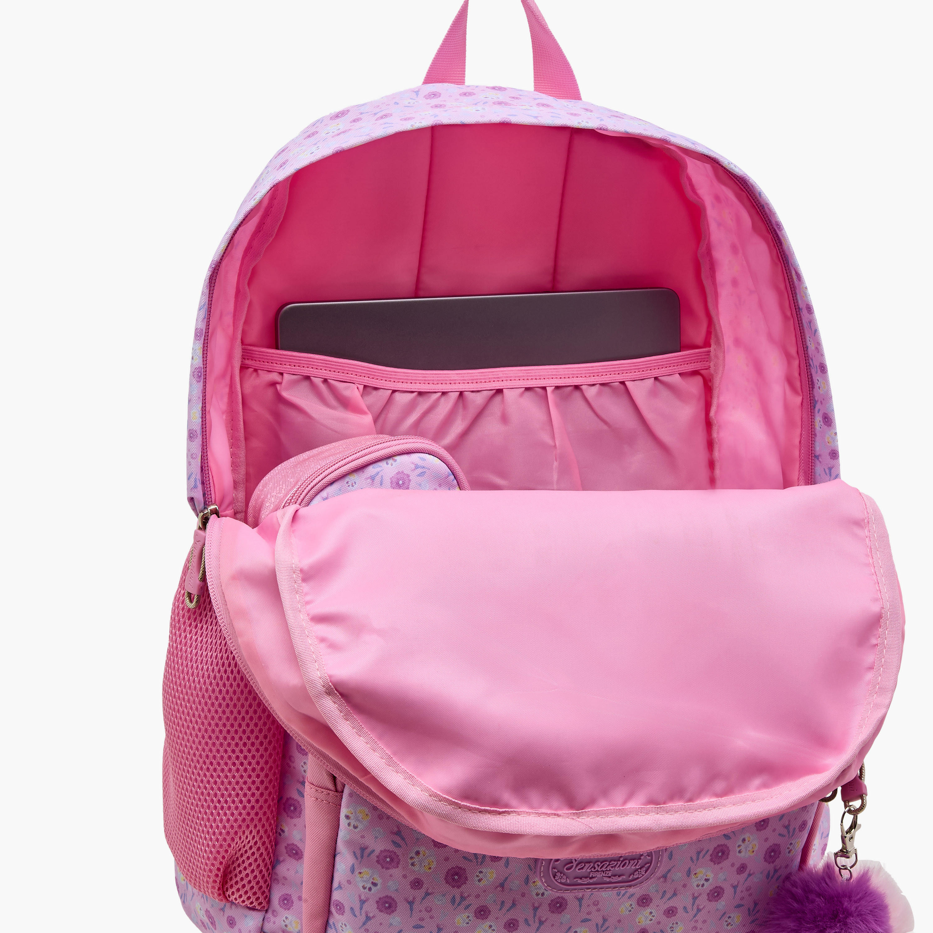 شنطة ظهر بطبعات الزهور مع دلايّة بوم بوم وسحاب من سينسازوني - 30x15x45 سم-school-bagsandbackpacks-backpacks-image-10