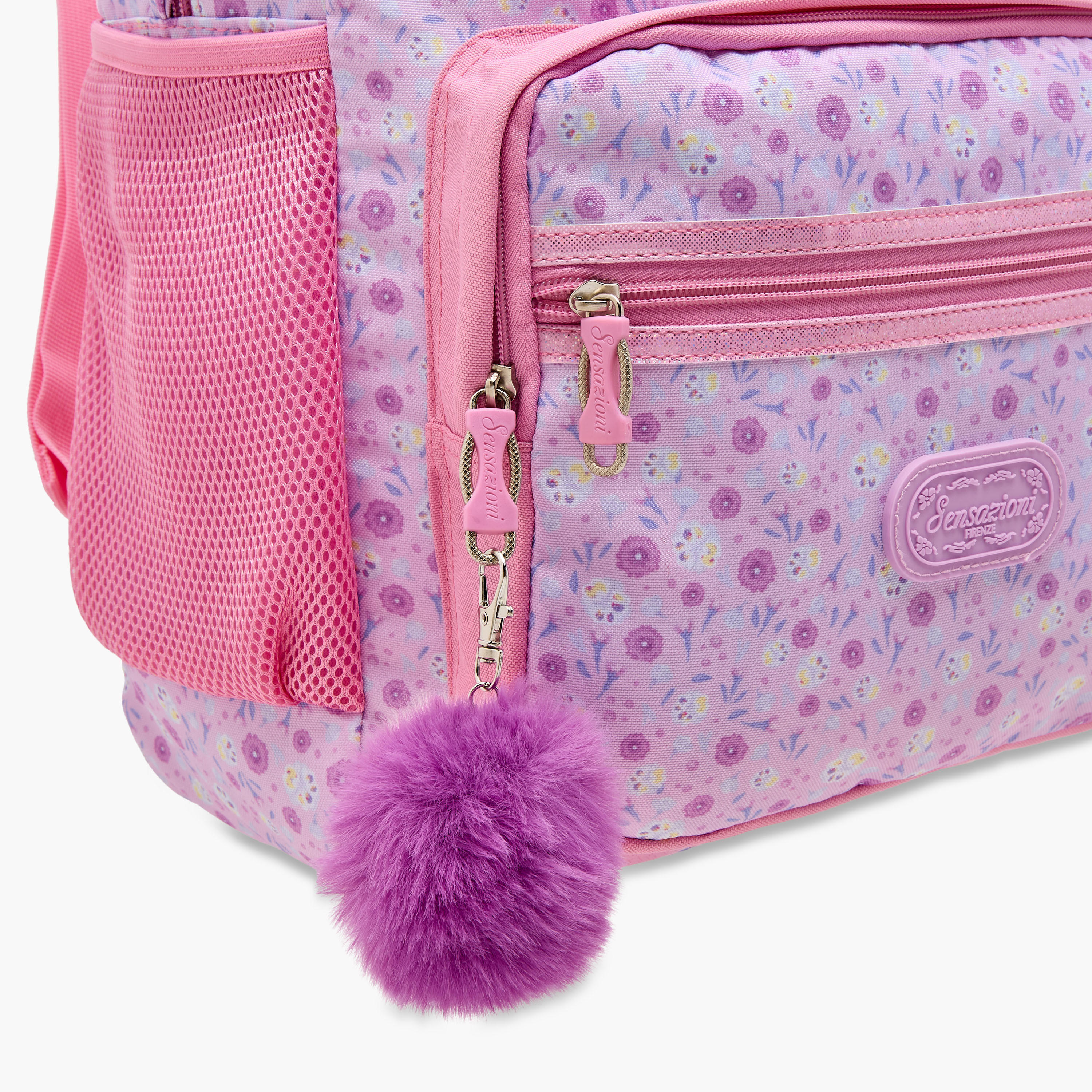 شنطة ظهر بطبعات الزهور مع دلايّة بوم بوم وسحاب من سينسازوني - 30x15x45 سم-school-bagsandbackpacks-backpacks-image-8