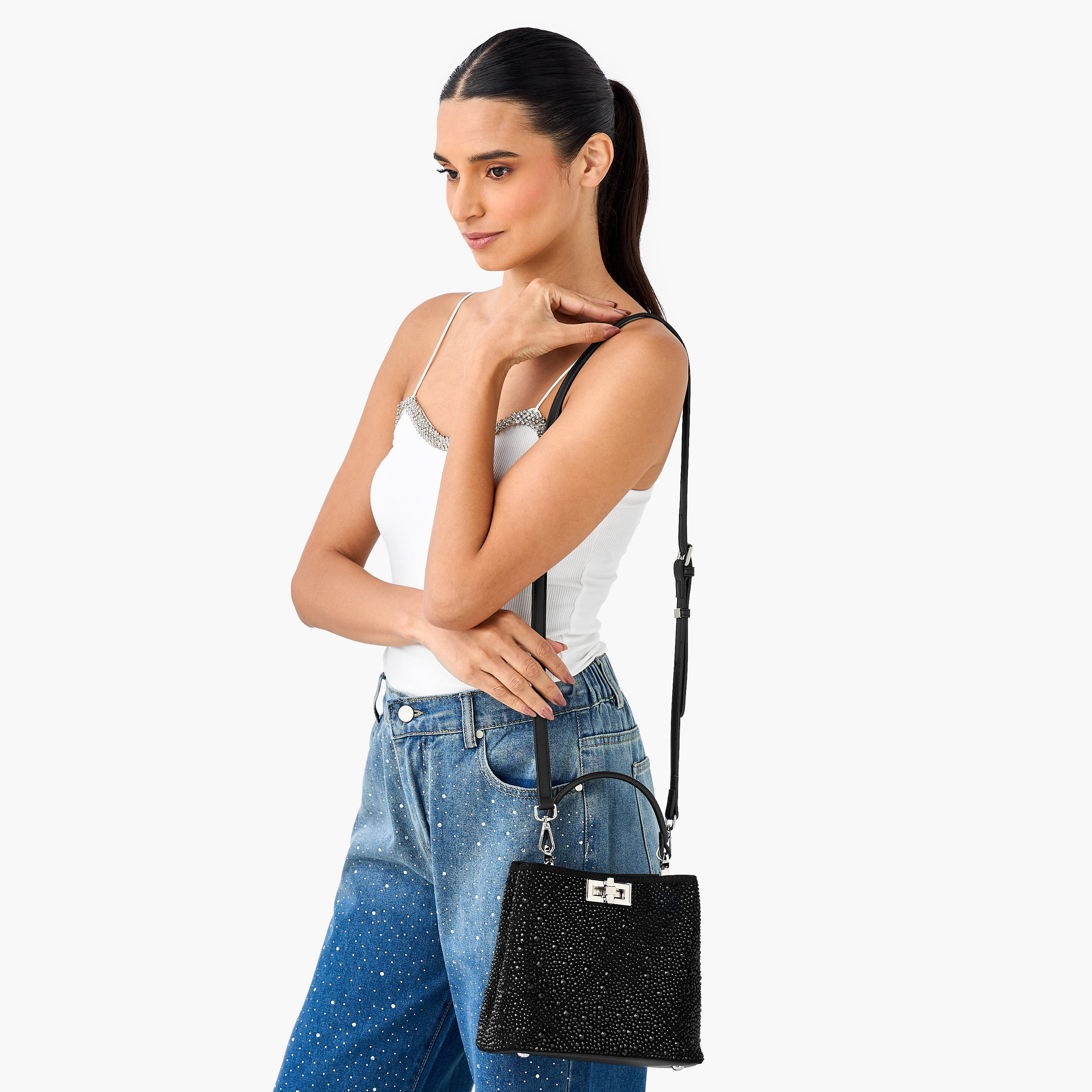 شنطة كتف مزينة بحزام قابل للتعديل وقفل إغلاق من سيليست-women-bagsandwallets-handbags-image-2