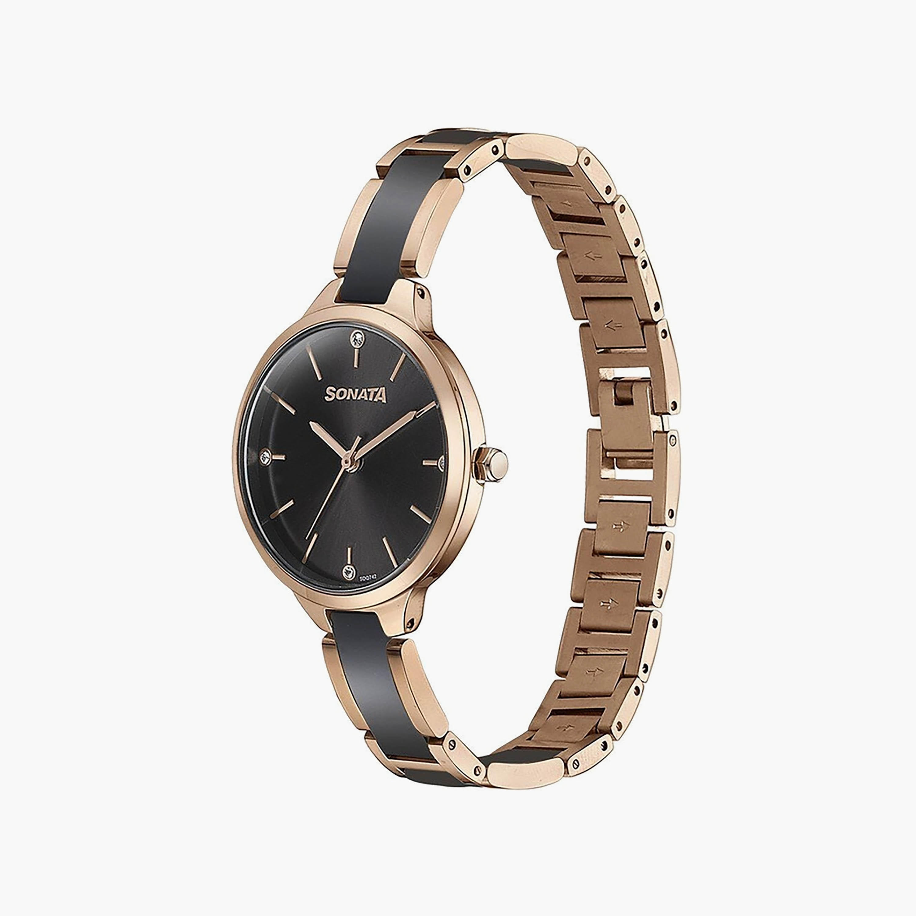 Sonata Women's 30 MM Gold & Black Analog Stainless Steel Watch | 87065KD01-women-watchesandjewellery-watches-image-2