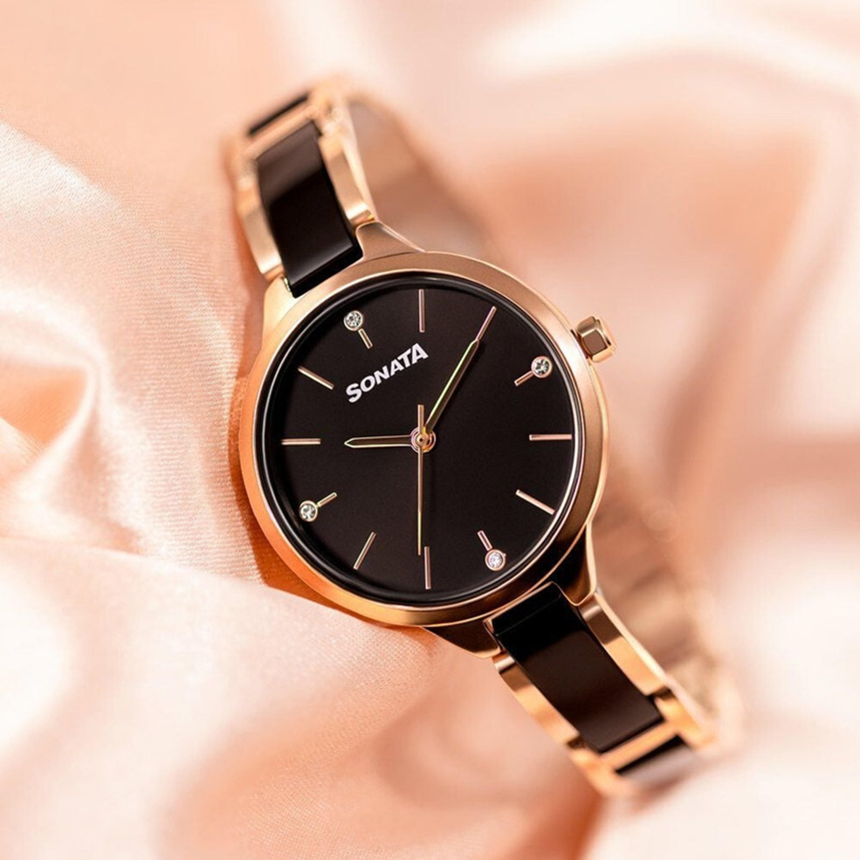 Sonata Women's 30 MM Gold & Black Analog Stainless Steel Watch | 87065KD01-women-watchesandjewellery-watches-image-4