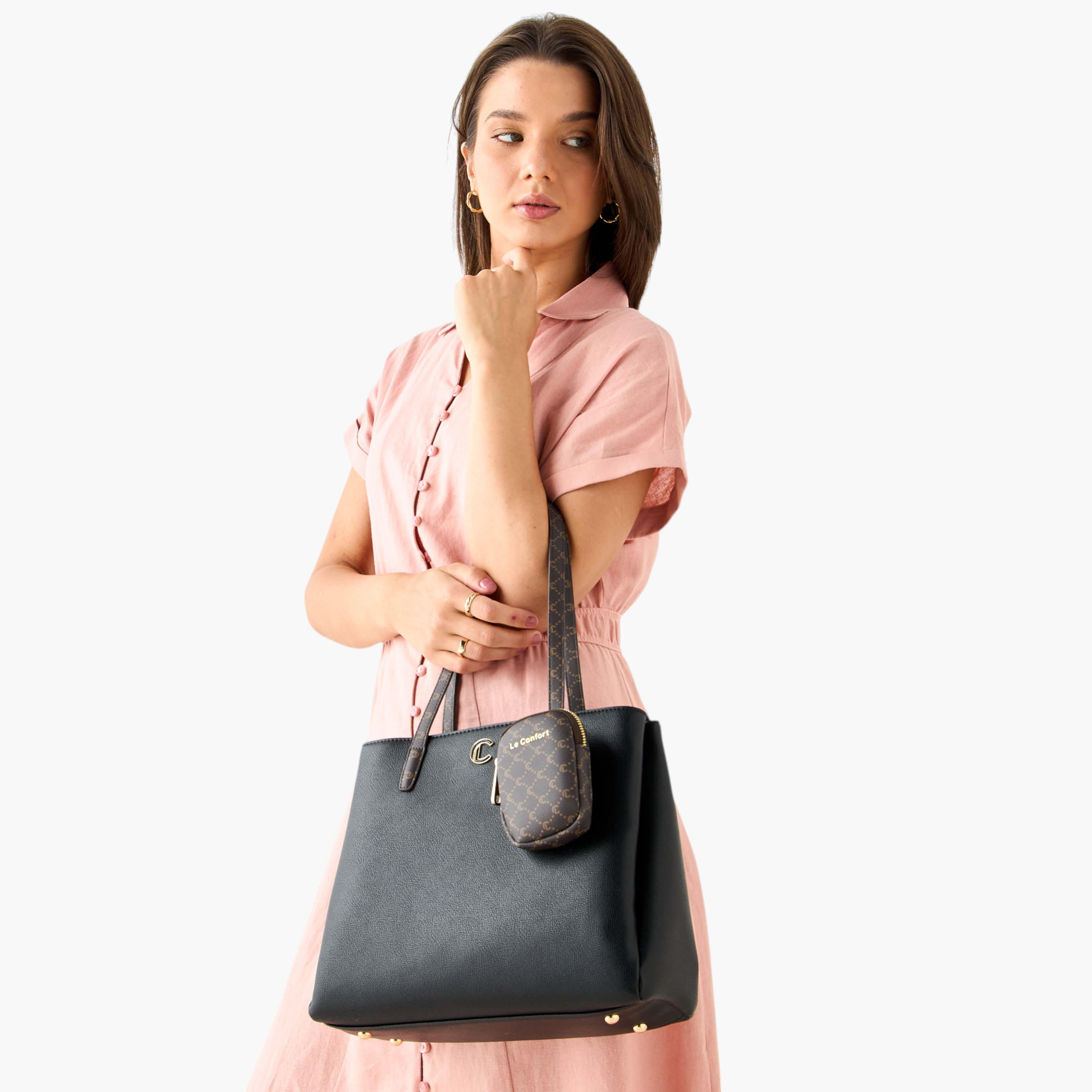 Le Confort Monogram Textured Tote Bag with Zip Closure and Pouch-women-bagsandwallets-handbags-image-8