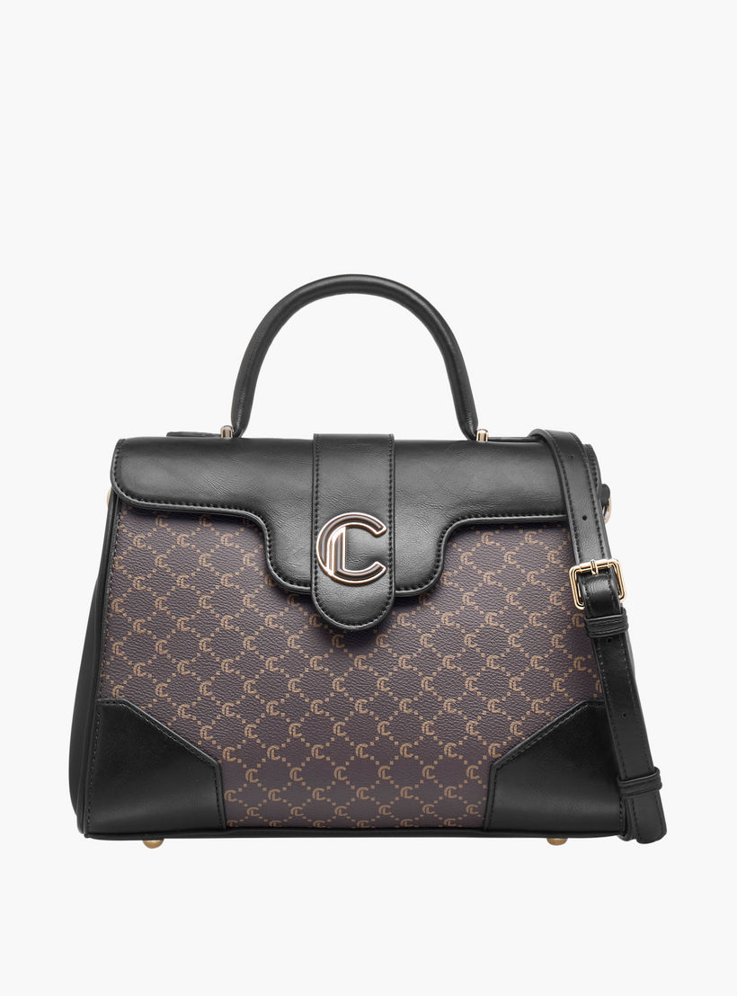 Le Confort Monogram Print Satchel Bag with Grab Handle and Button Closure-women-bagsandwallets-handbags-image-1