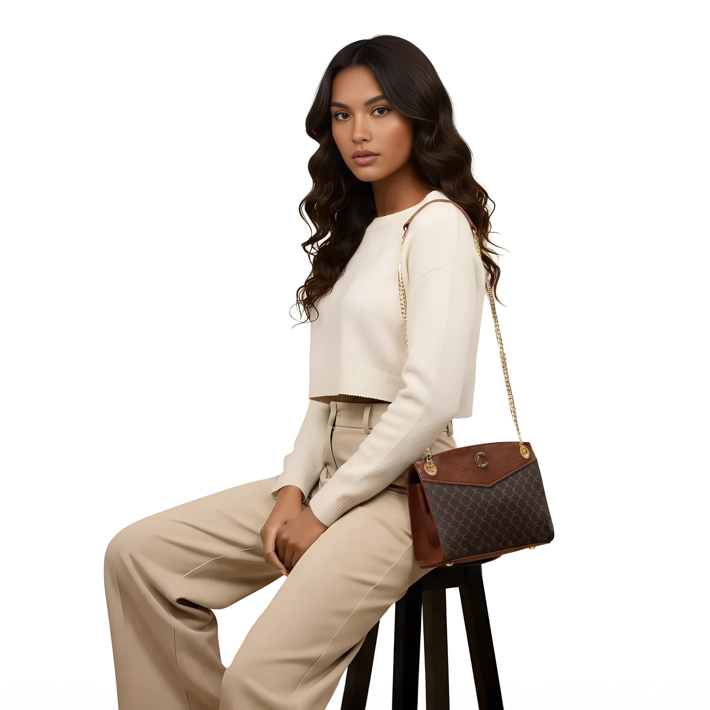 شنطة كتف بطبعات مونوجرام وحزام سلسلة وسحاب إغلاق من لو كونفورت-women-bagsandwallets-handbags-image-2