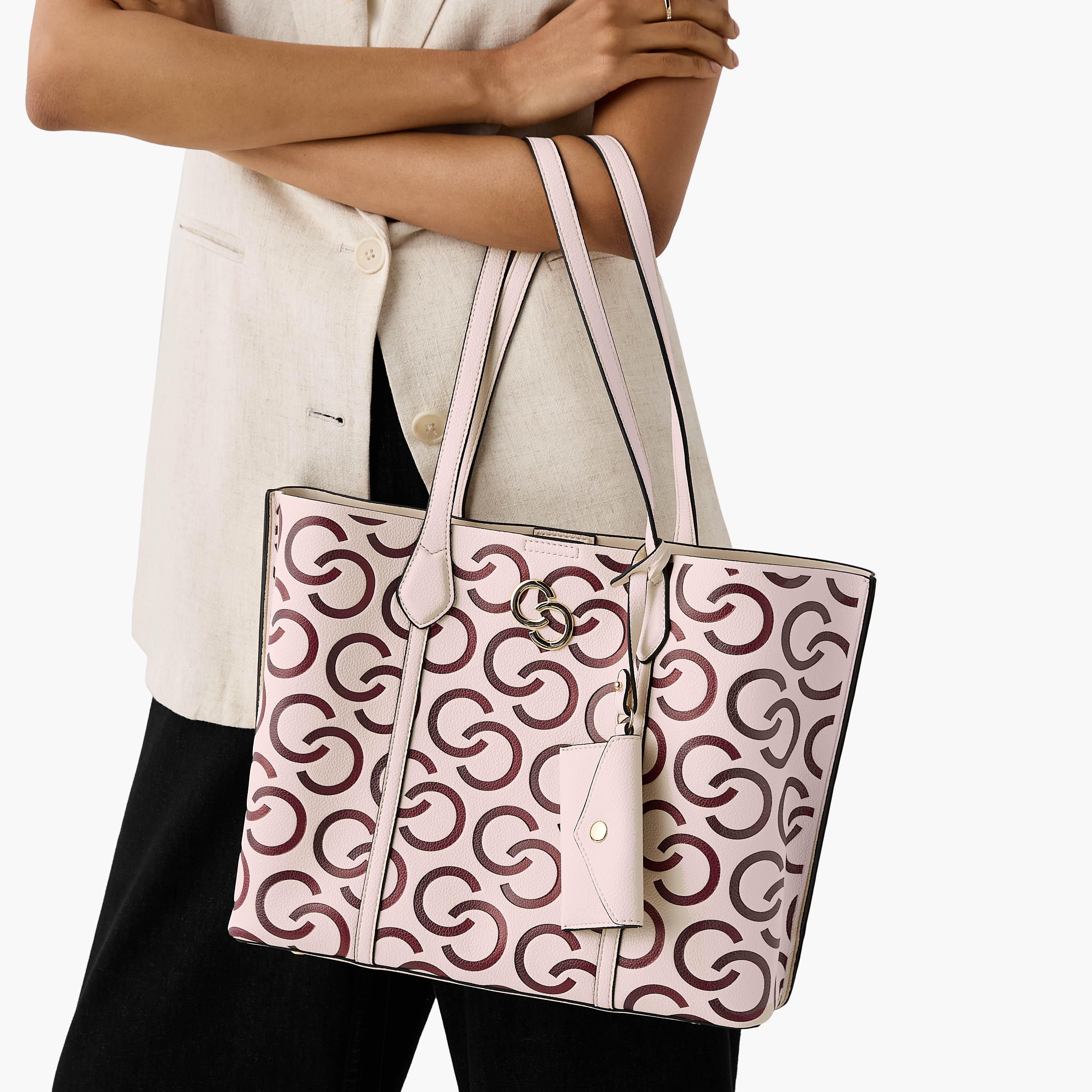 Celeste Monogram Textured Tote Bag with Pouch and Zip Closure-women-bagsandwallets-handbags-image-2