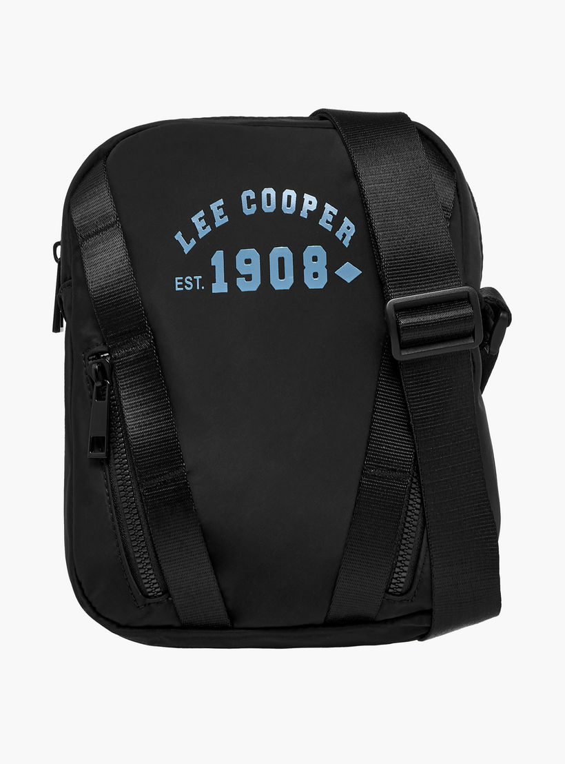 Lee Cooper Logo Print Crossbody Bag with Adjustable Strap and Zip Closure-men-bags-image-1