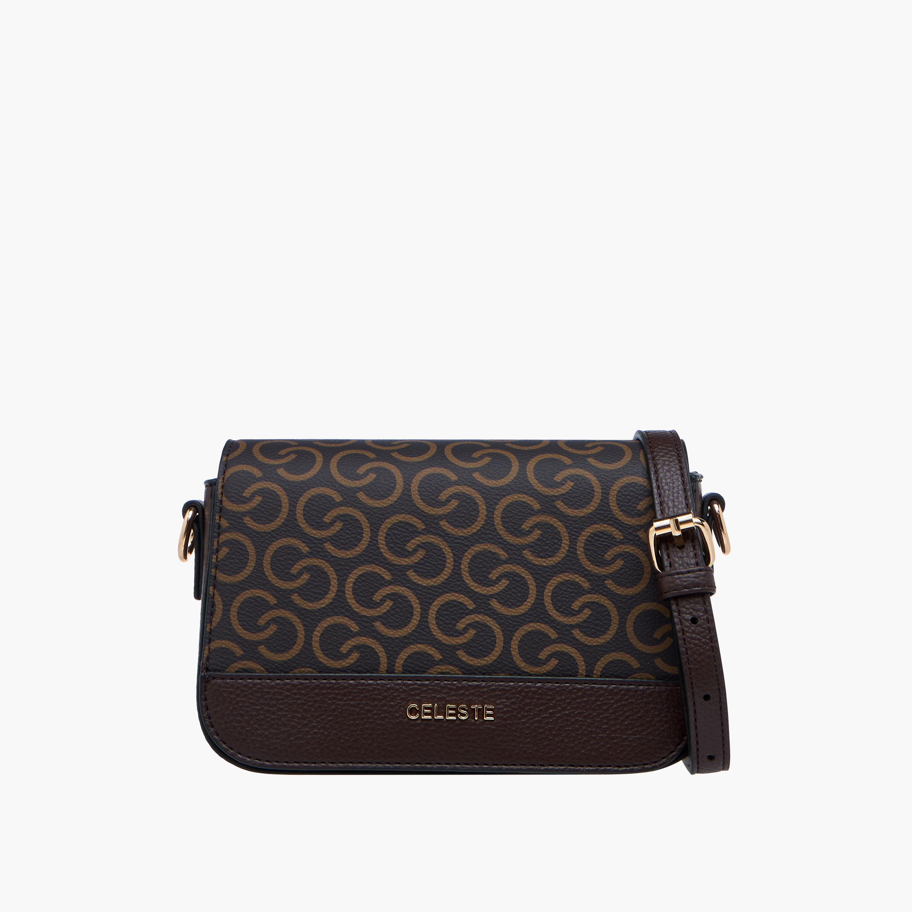 Celeste Monogram Print Crossbody Bag with Detachable Strap and Flap Closure-women-bagsandwallets-handbags-image-1