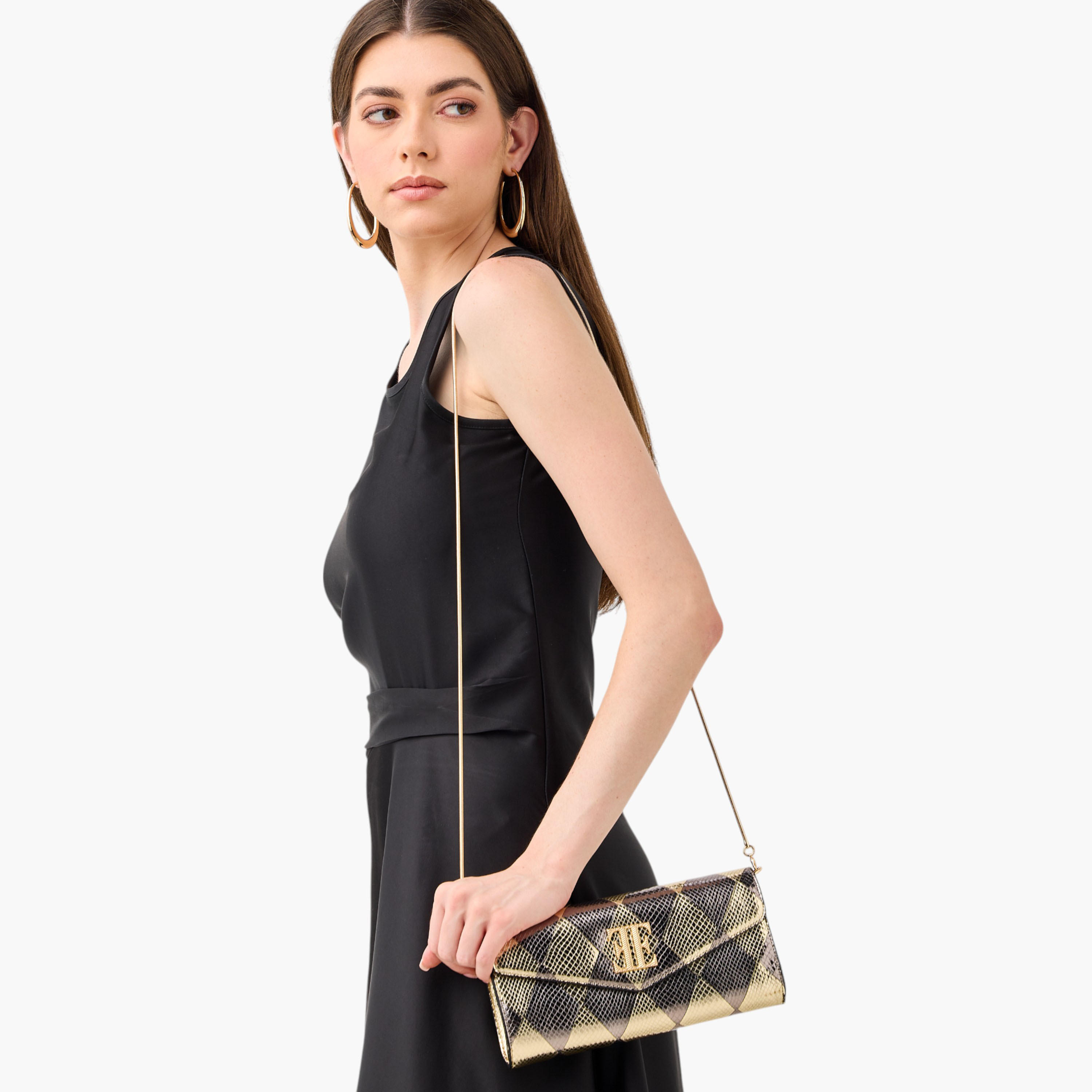 Elle Metallic Textured Crossbody Bag with Detachable Strap and Magnetic Button Closure-women-bagsandwallets-handbags-image-2