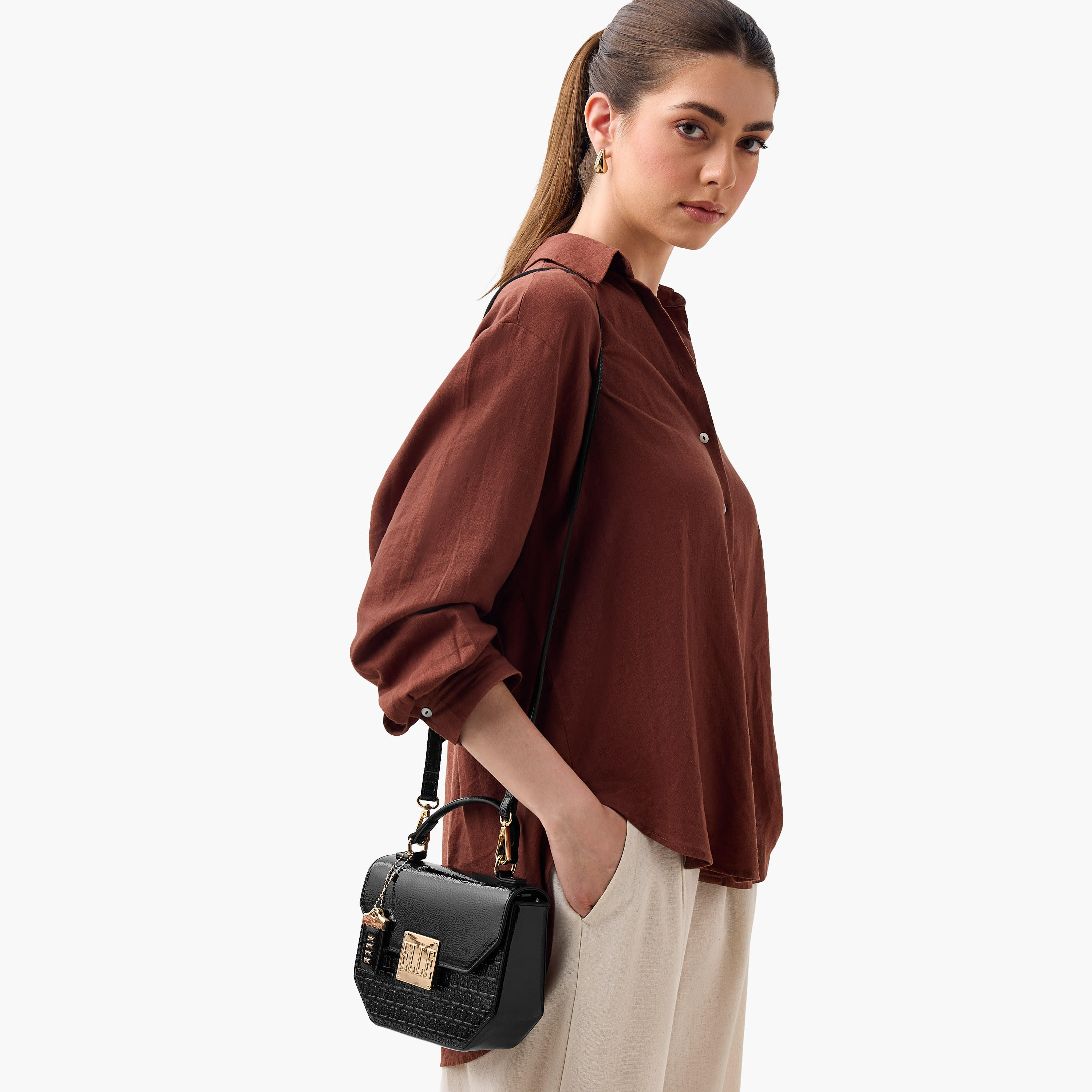 Elle Monogram Embossed Satchel Bag with Grab Handle and Button Closure-women-bagsandwallets-handbags-image-2