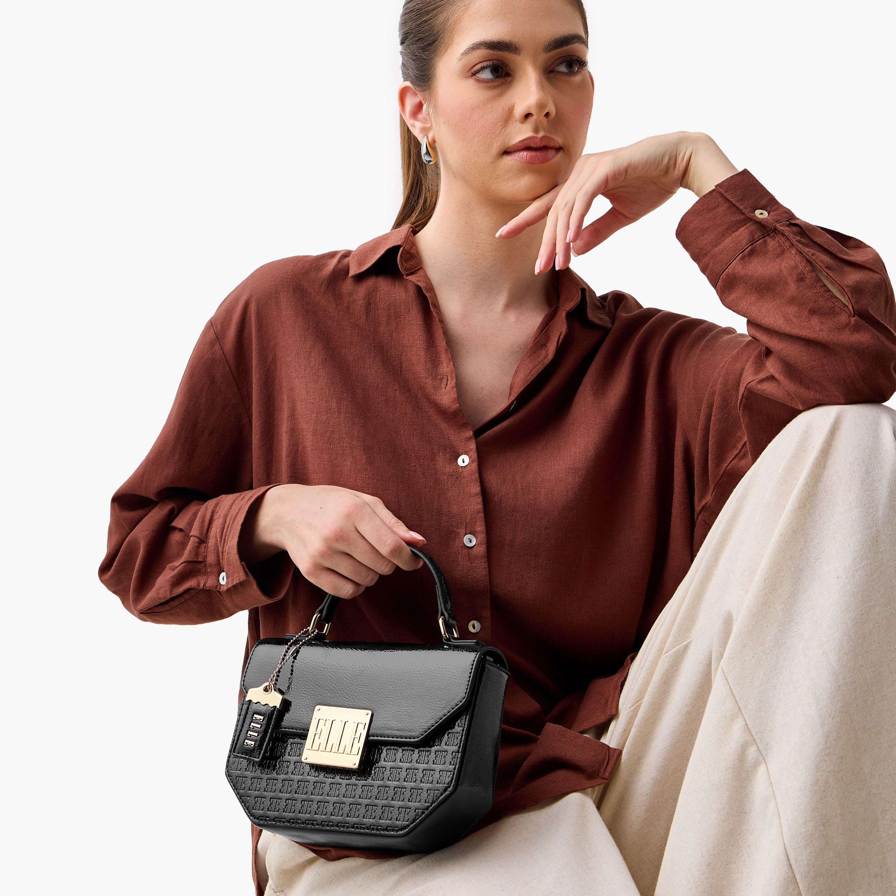 Elle Monogram Embossed Satchel Bag with Grab Handle and Button Closure-women-bagsandwallets-handbags-image-8