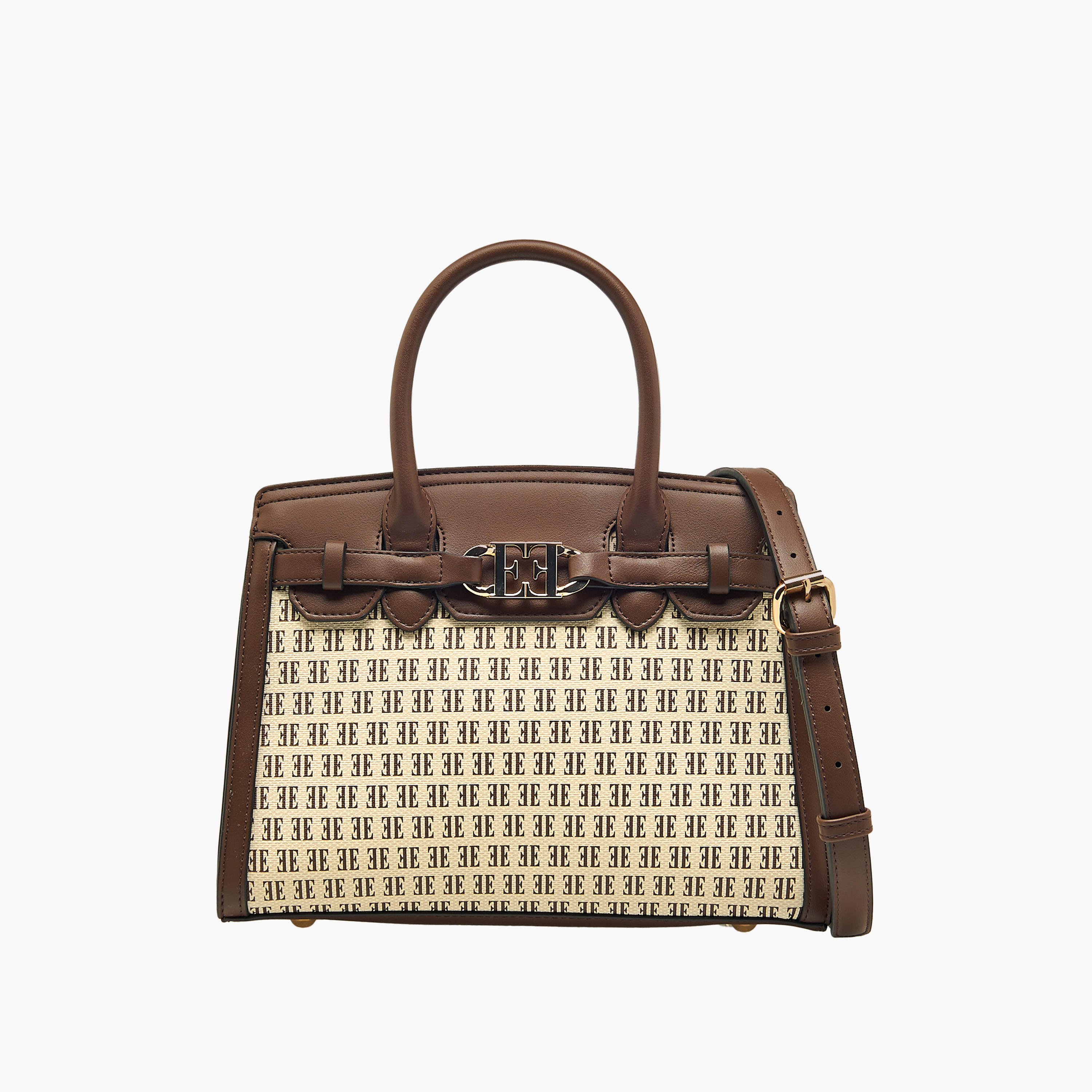 Elle Monogram Print Tote Bag with Double Handle and Zip Closure-women-bagsandwallets-handbags-image-1