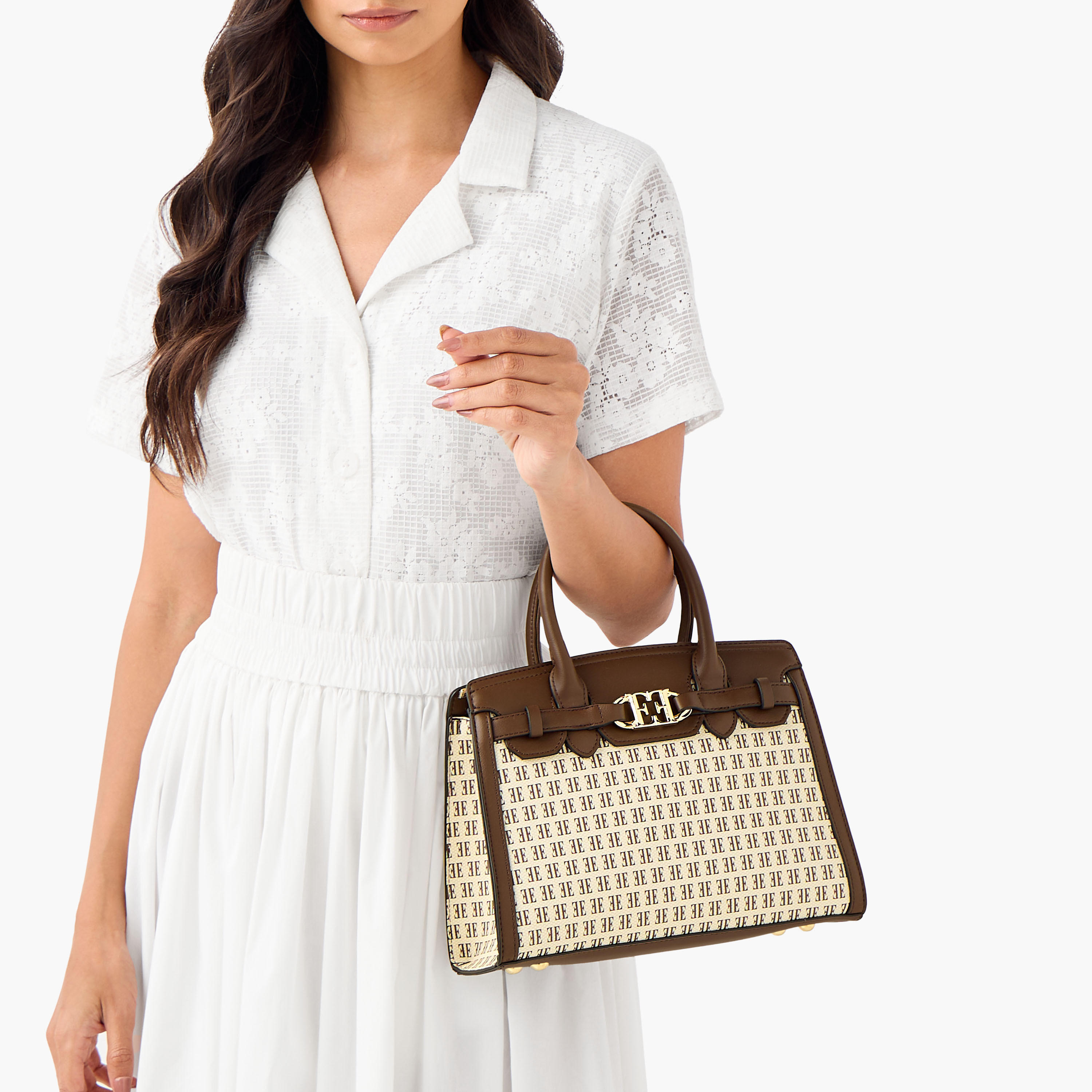 Elle Monogram Print Tote Bag with Double Handle and Zip Closure-women-bagsandwallets-handbags-image-3