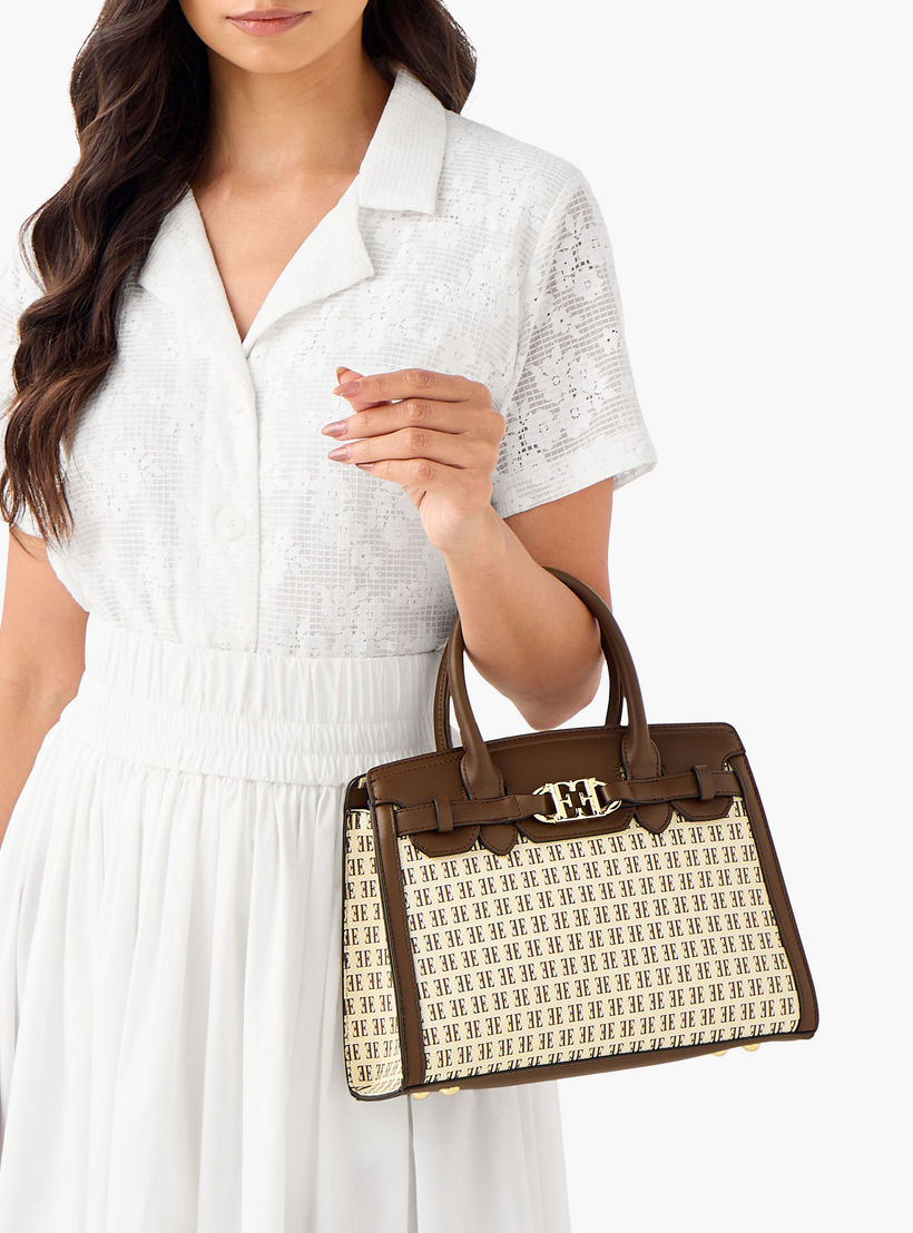 Elle Monogram Print Tote Bag with Double Handle and Zip Closure-women-bagsandwallets-handbags-image-3