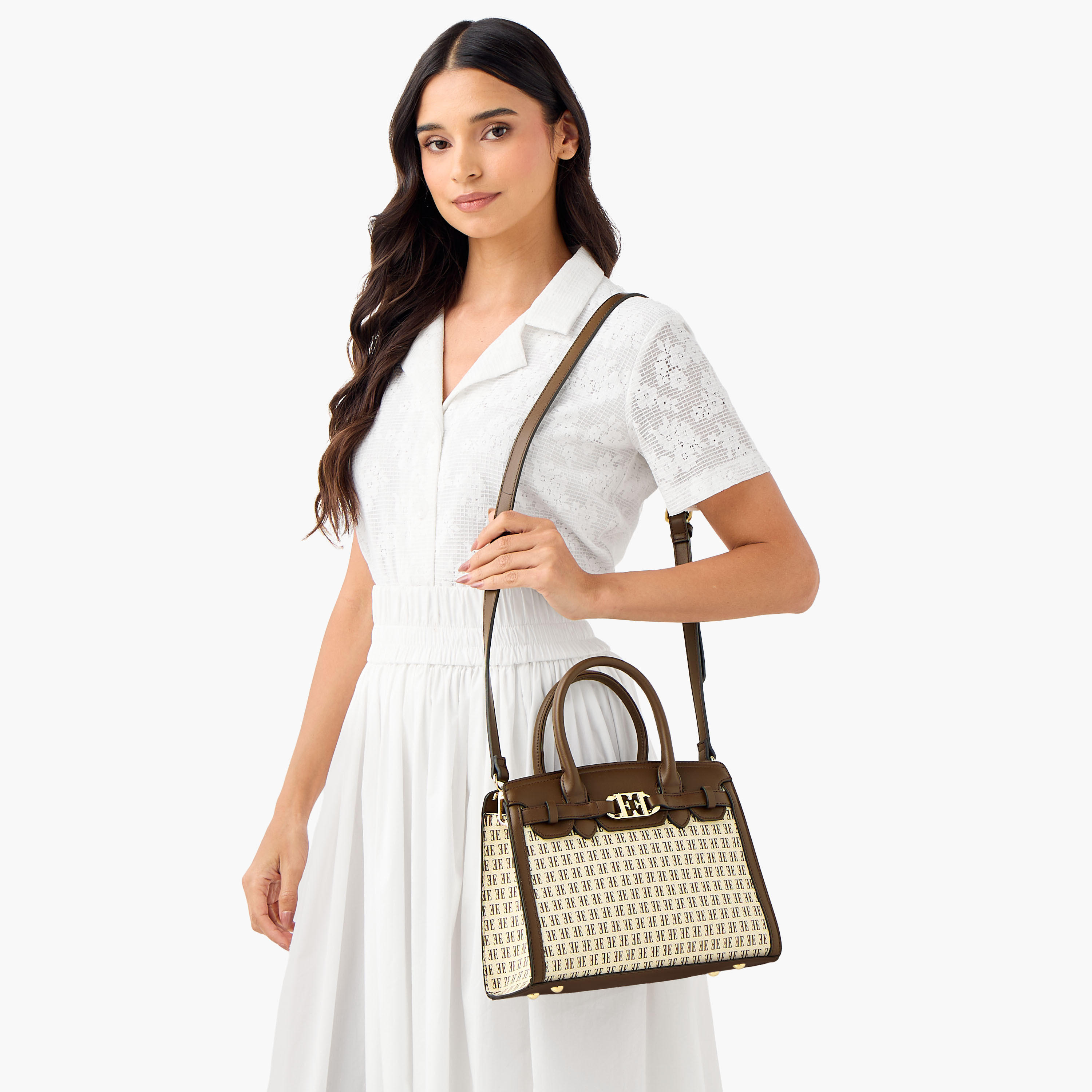 Elle Monogram Print Tote Bag with Double Handle and Zip Closure-women-bagsandwallets-handbags-image-9