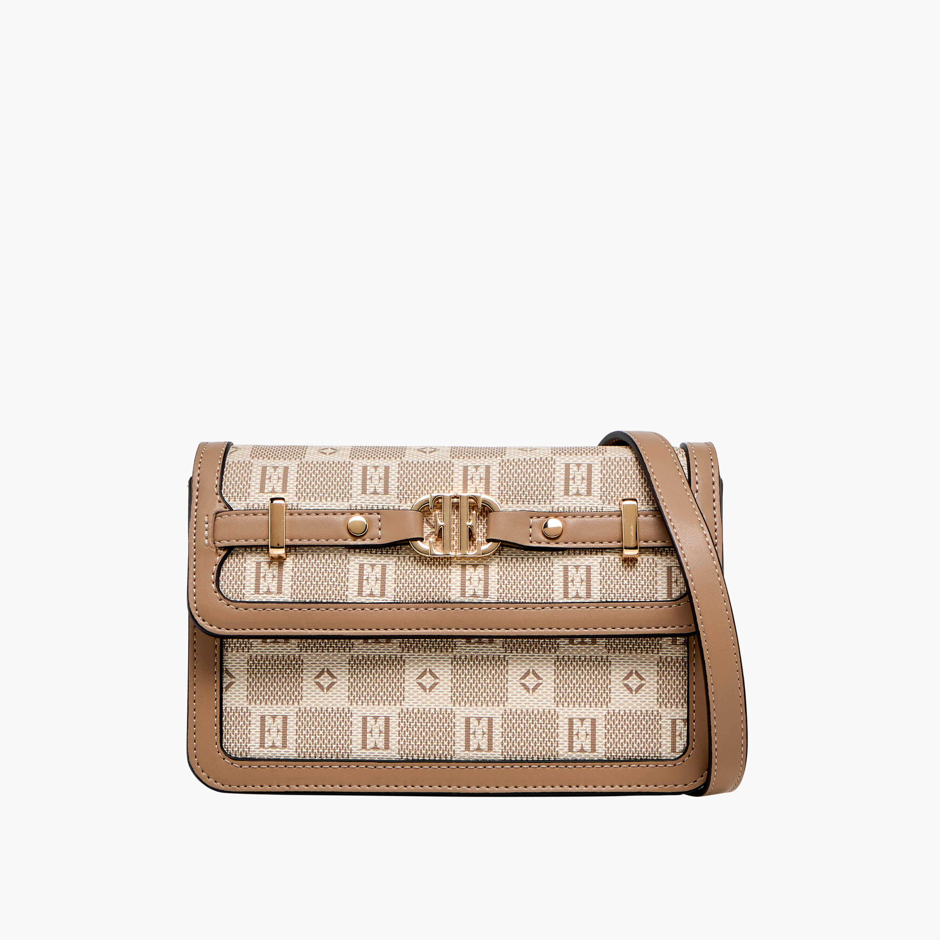 Elle Monogram Print Crossbody Bag with Adjustable Strap and Flap Closure-women-bagsandwallets-handbags-image-1