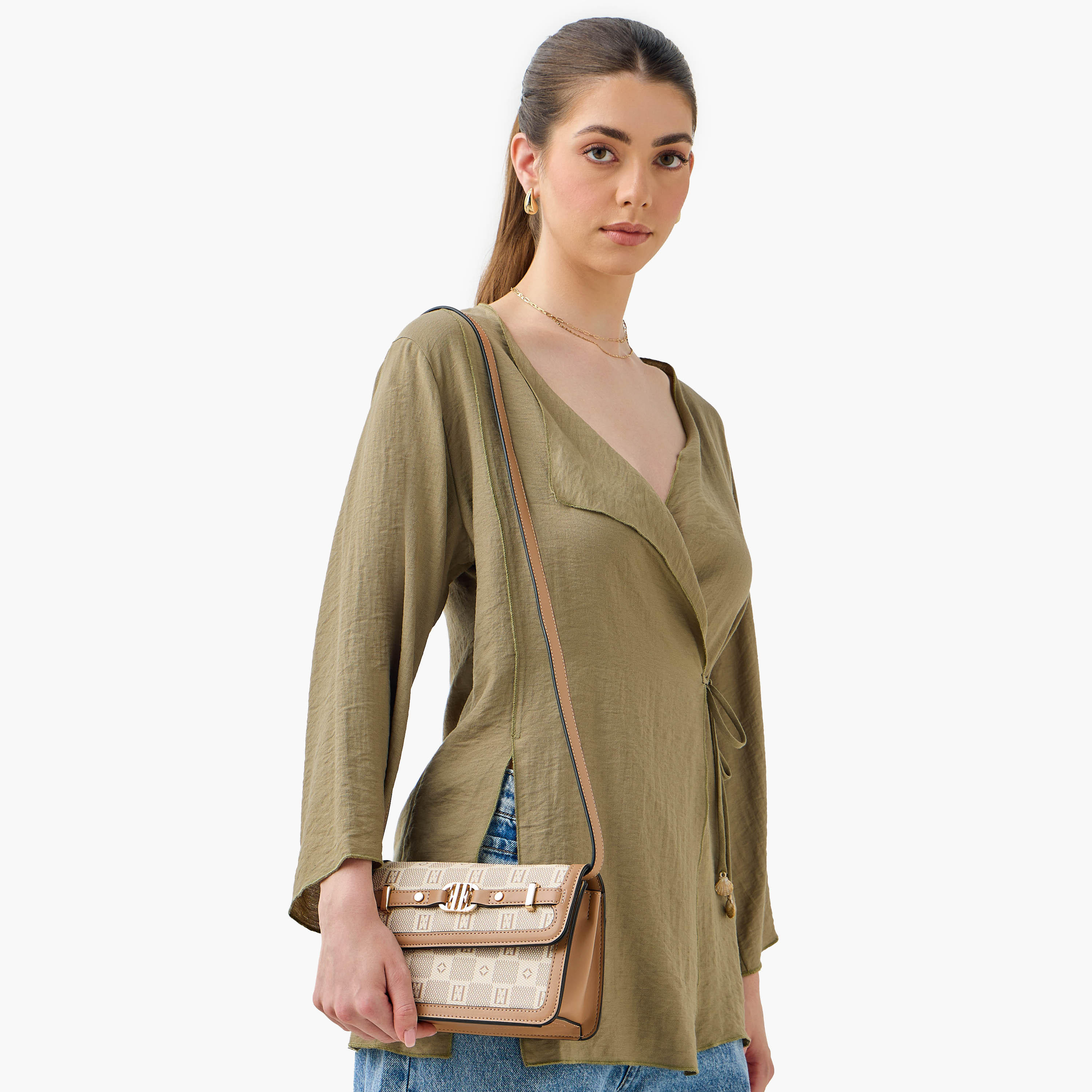 Elle Monogram Print Crossbody Bag with Adjustable Strap and Flap Closure-women-bagsandwallets-handbags-image-2