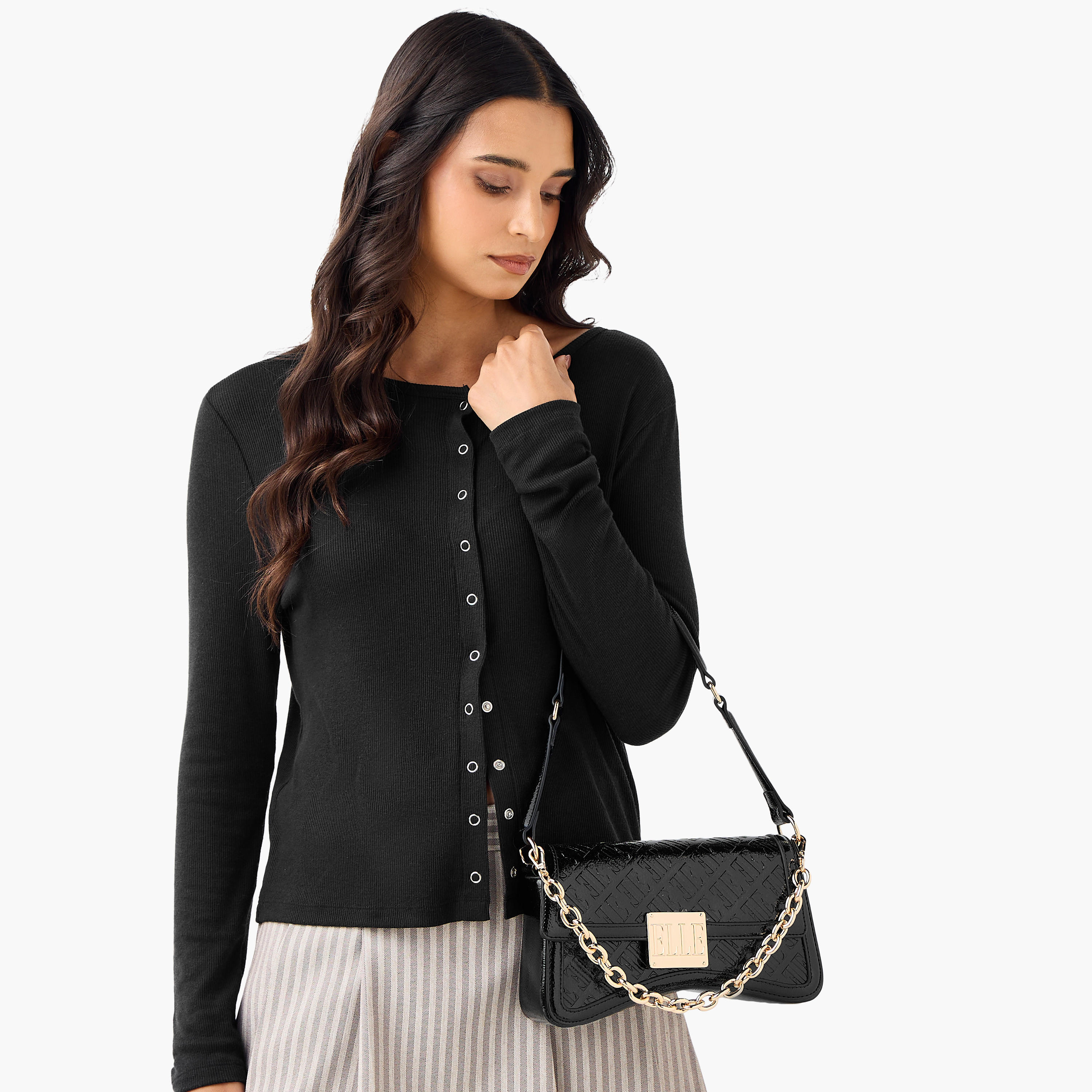 Elle Monogram Embossed Shoulder Bag with Button Closure-women-bagsandwallets-handbags-image-3